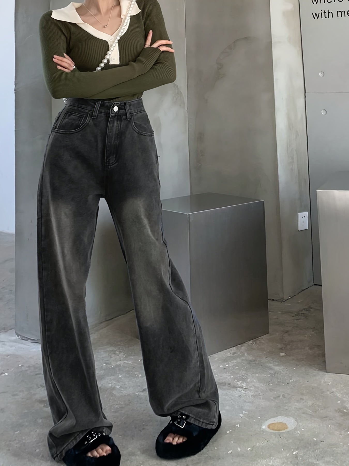 gbolsos High Waist Washed Wide Leg Jeans, Slant Pocket Loose Casual Baggy Jeans, Women's Denim Jeans & Clothing