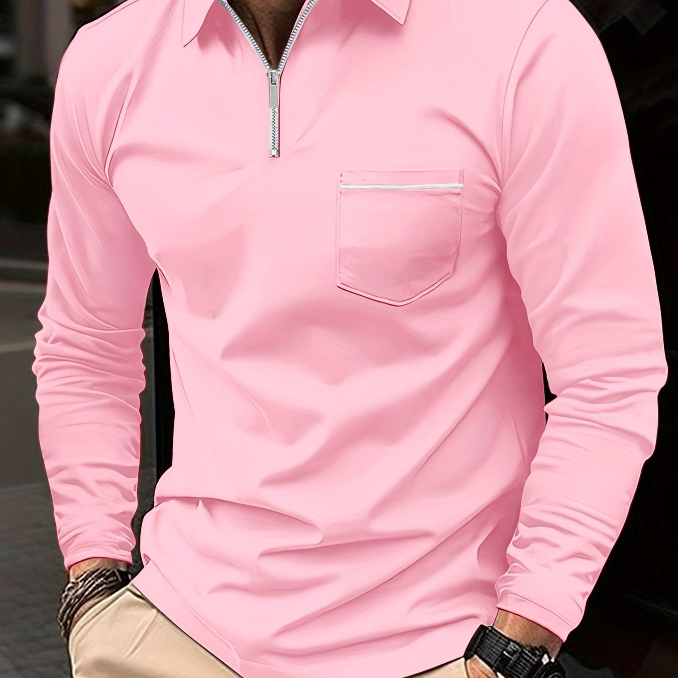 gbolsos Casual Solid Men's Long Sleeve Zipper Polo Shirt With Chest Pocket, Spring Fall Outdoor
