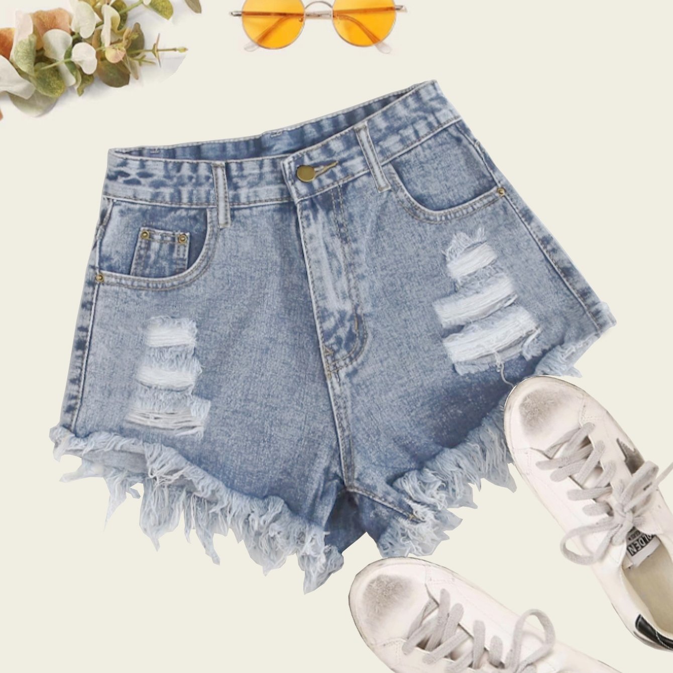 gbolsosRipped Frayed Hem Distressed Shorts, Slash Pockets Zipper Button Closure High Rise Denim Pants, Classic Street Casual Style, Women's Denim Jeans & Clothing