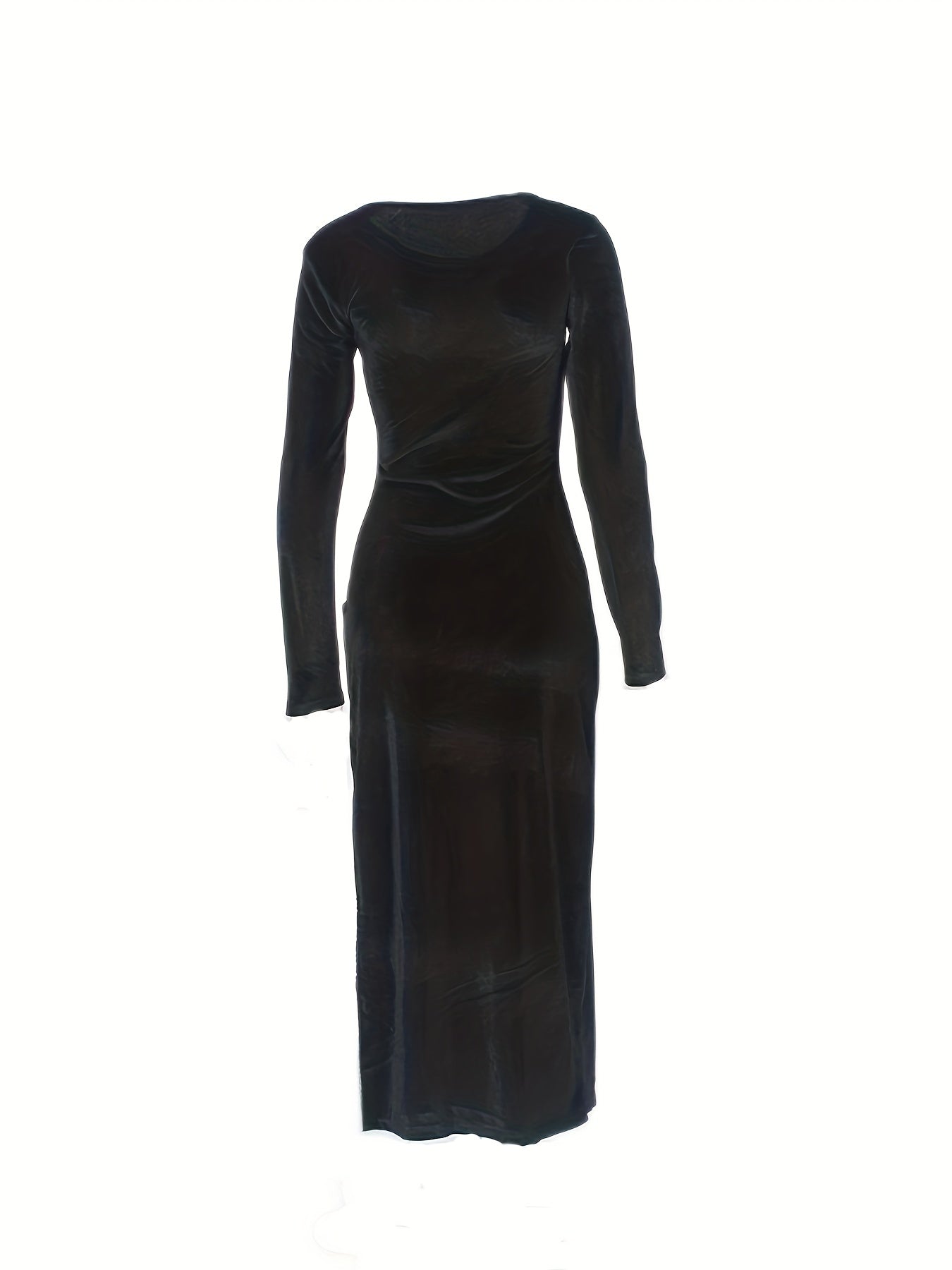 gbolsos Long Sleeve Velvet Dress, Crew Neck Side Slit Dress For Club, Party, Women's Clothing