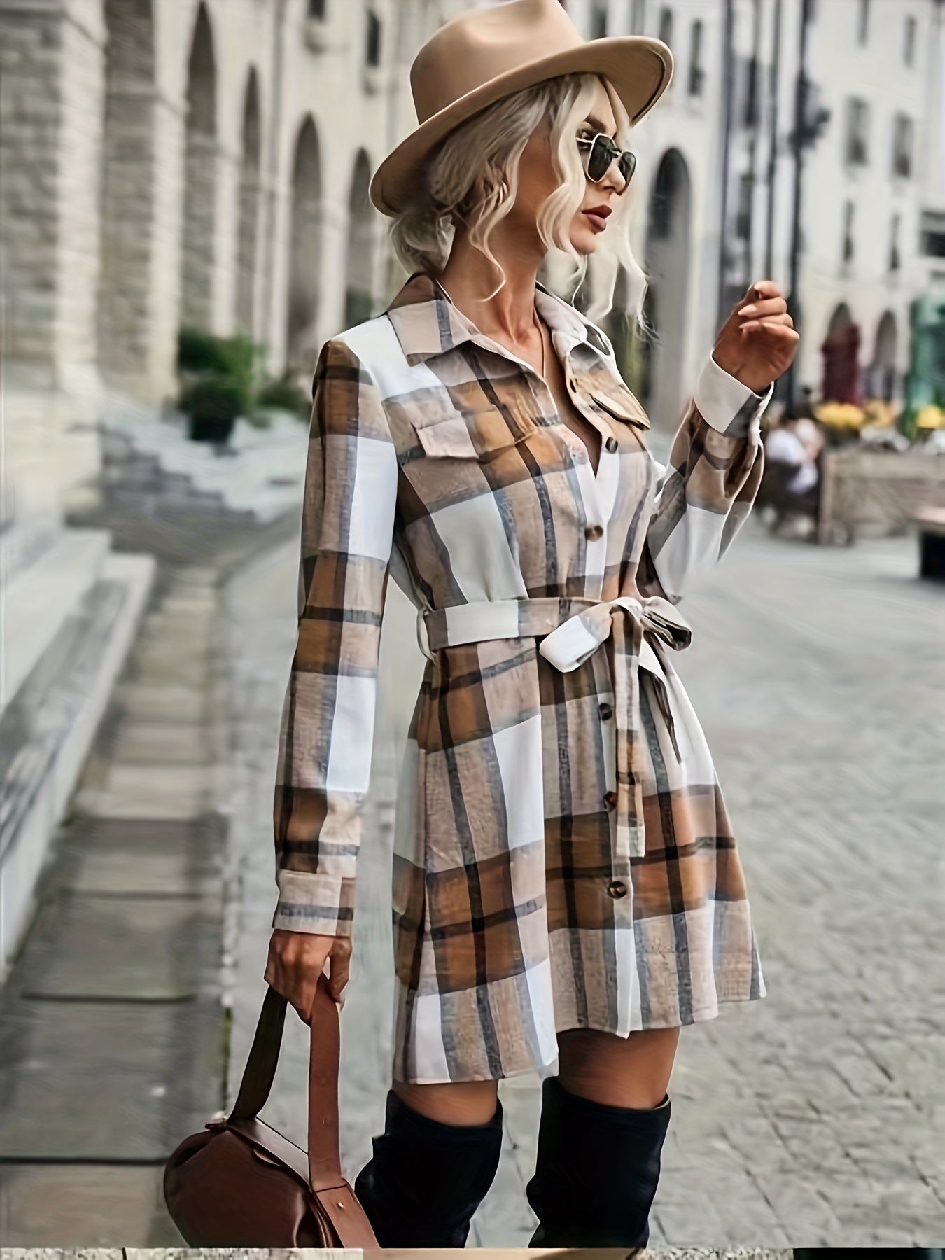 gbolsos Plaid Print Shirt Dress, Elegant Button Front Long Sleeve Dress, Women's Clothing
