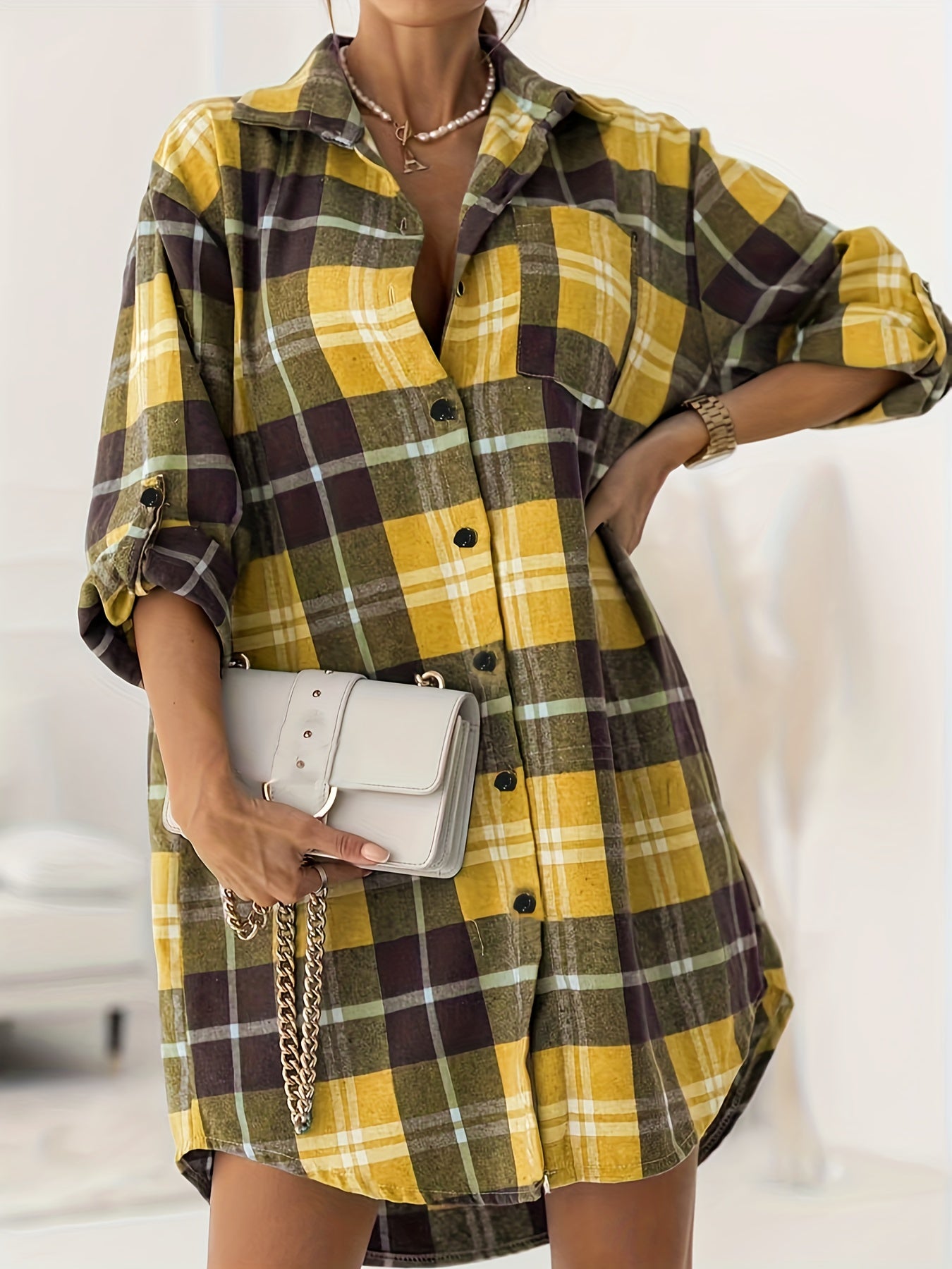 gbolsos Plus Size Casual Fall Oversized Shirt, Women's Plus Plaid Print Button Front Lapel Collar Long Shirt