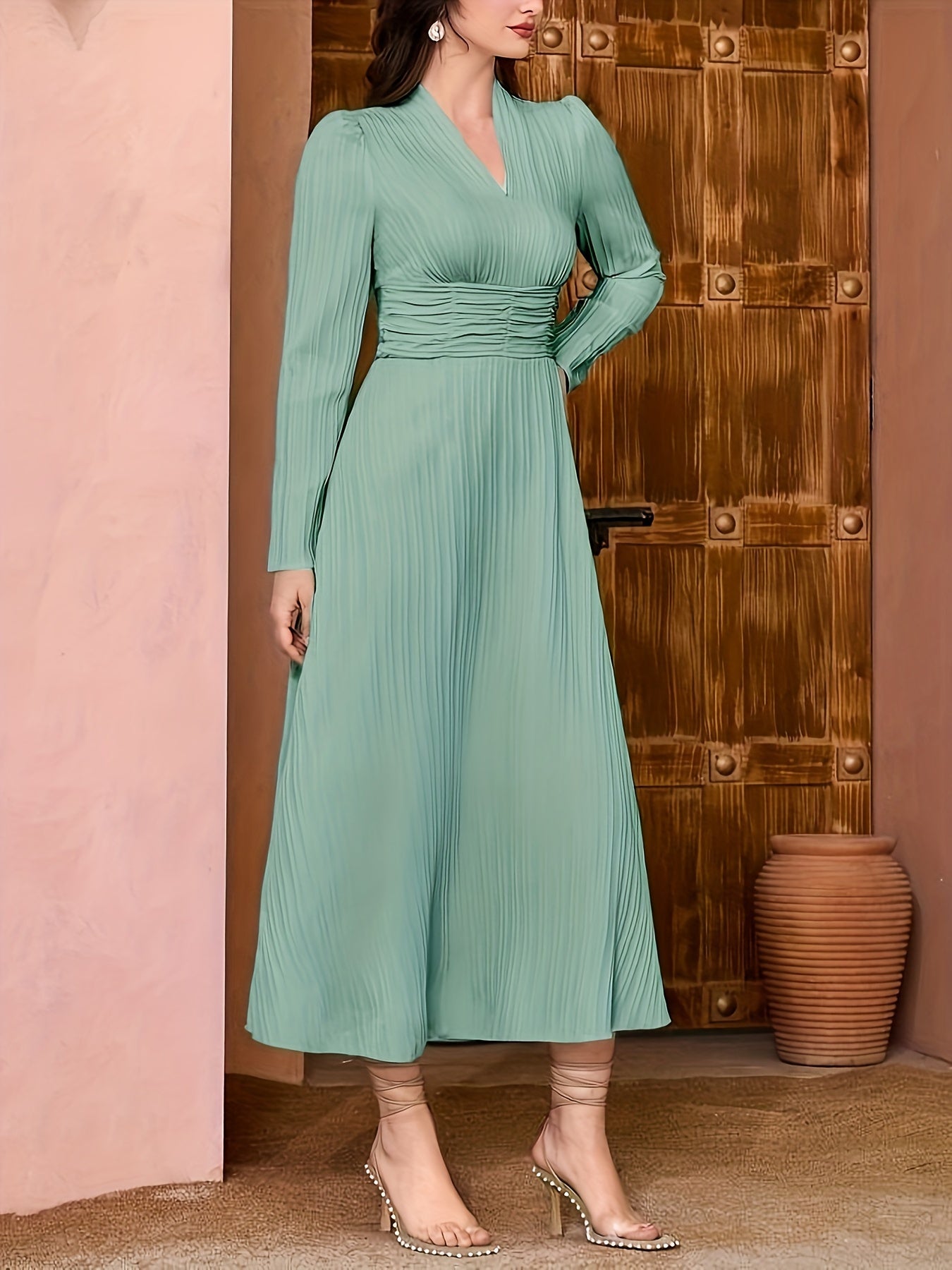 gbolsos Solid V Neck Dress, Elegant Long Sleeve A-line Dress For Spring & Fall, Women's Clothing