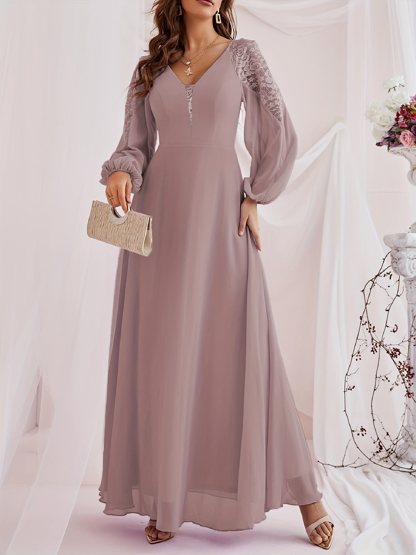 gbolsos Solid Contrast Lace Dress, Elegant V Neck Long Sleeve Maxi Dress, Women's Clothing