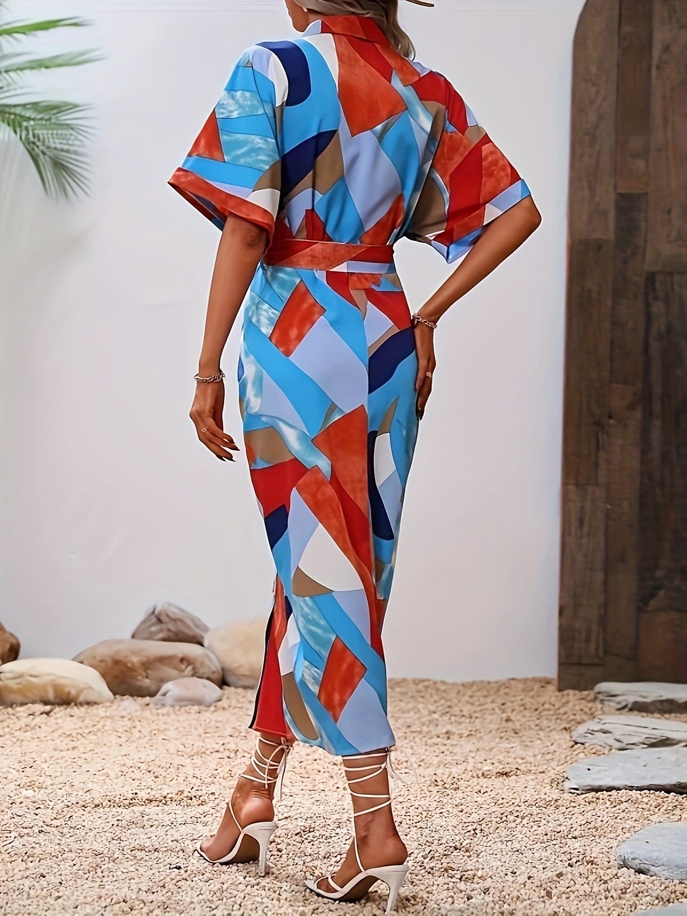 gbolsos Abstract Print Button Front Dress, Vacation Style Tie Waist Dress For Spring & Summer, Women's Clothing