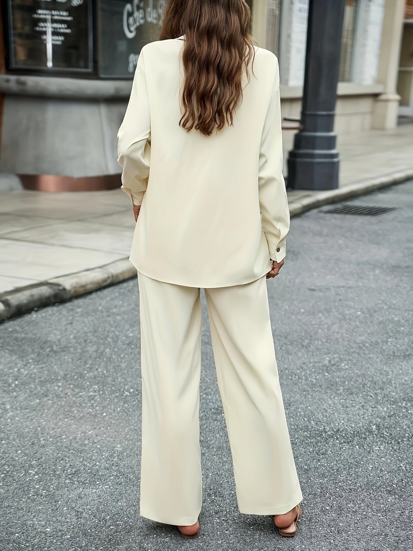 gbolsos Solid Elegant Two-piece Set, Button Front Long Sleeve Shirt & Drawstring Pants Outfits, Women's Clothing