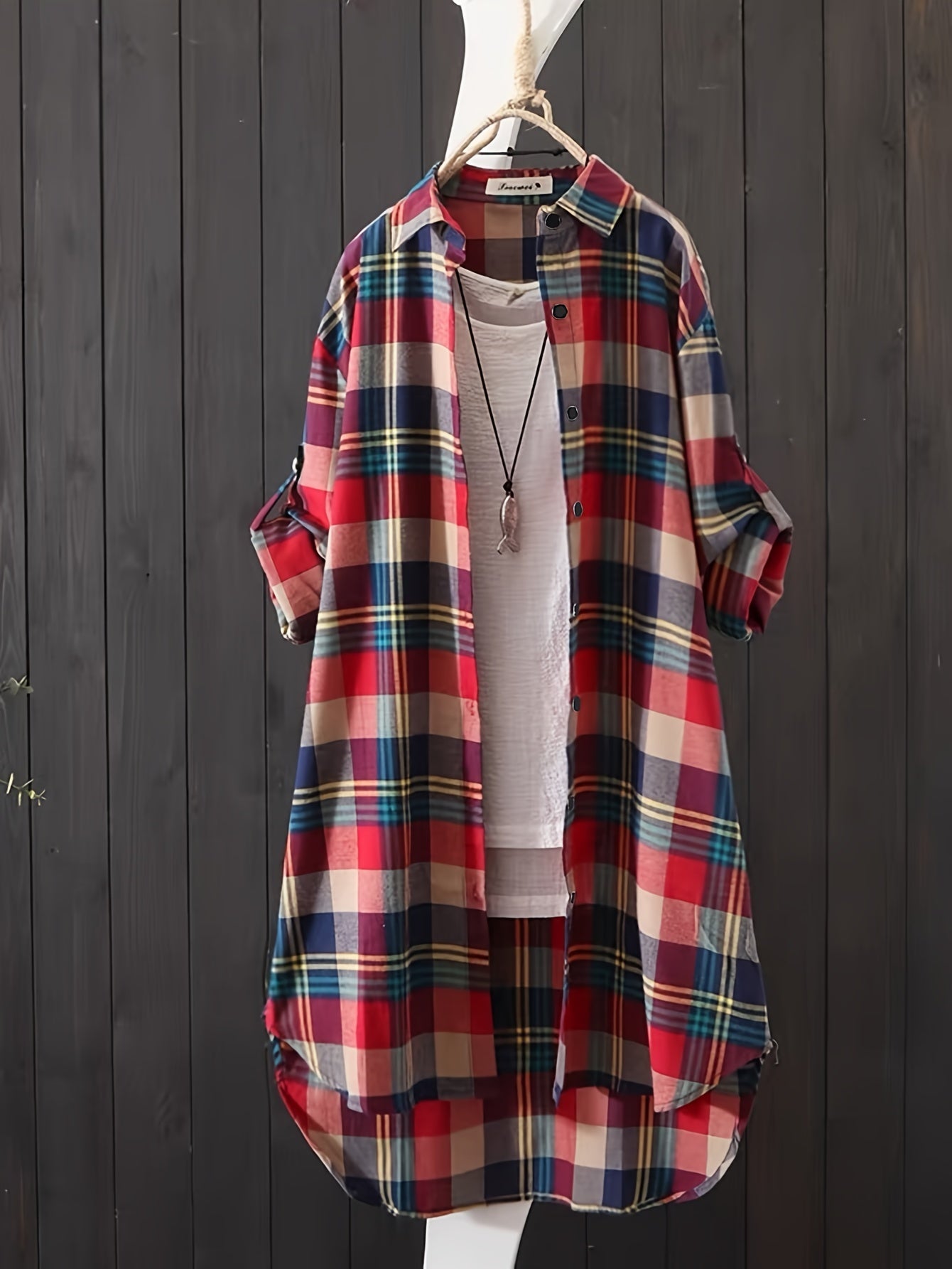 gbolsos Plaid Print Button Front Shirt, Thigh Length Long Sleeve Shirt For Spring & Fall, Women's Clothing