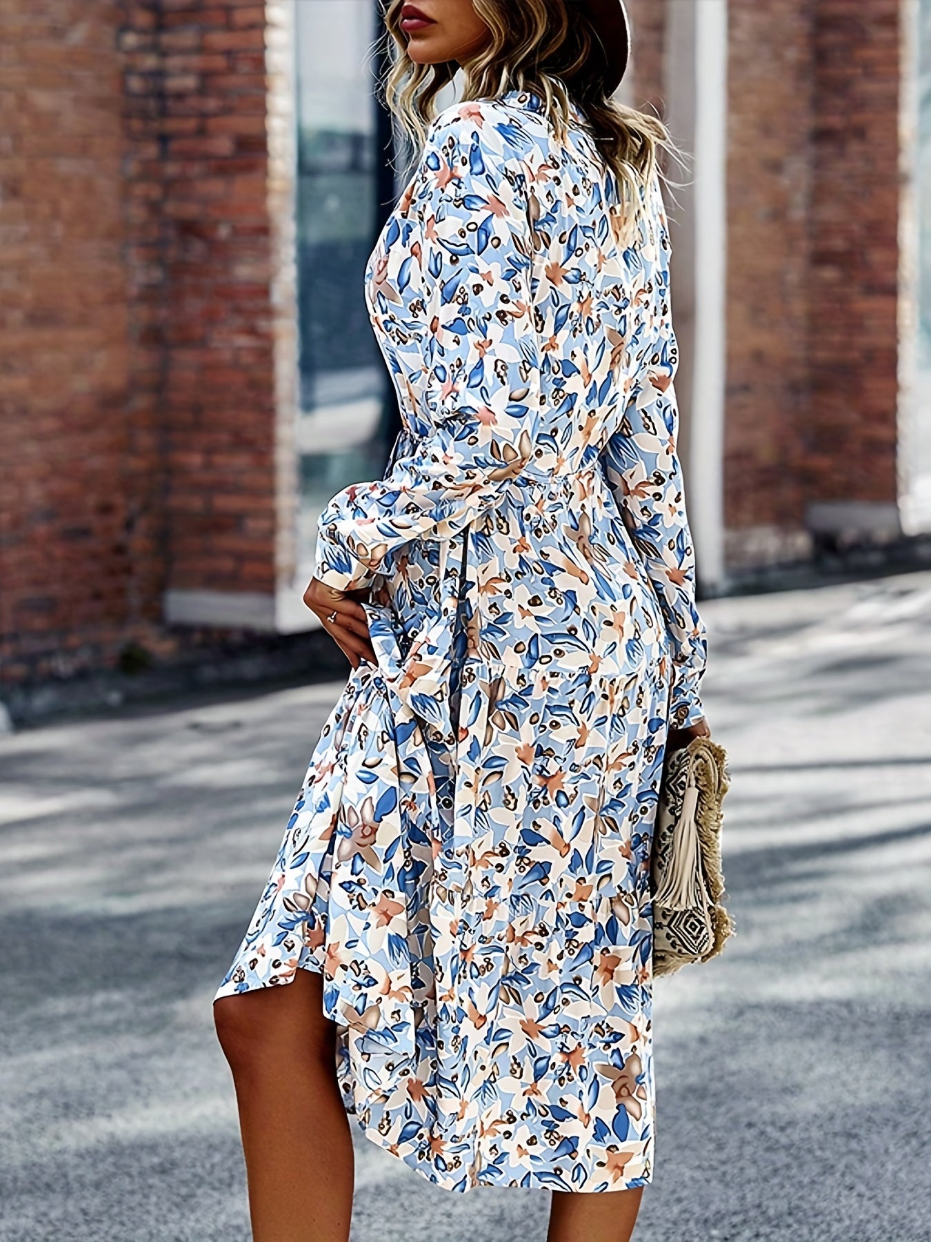 gbolsos Floral Print Button Front Dress, Boho Long Sleeve V Neck Dress, Women's Clothing