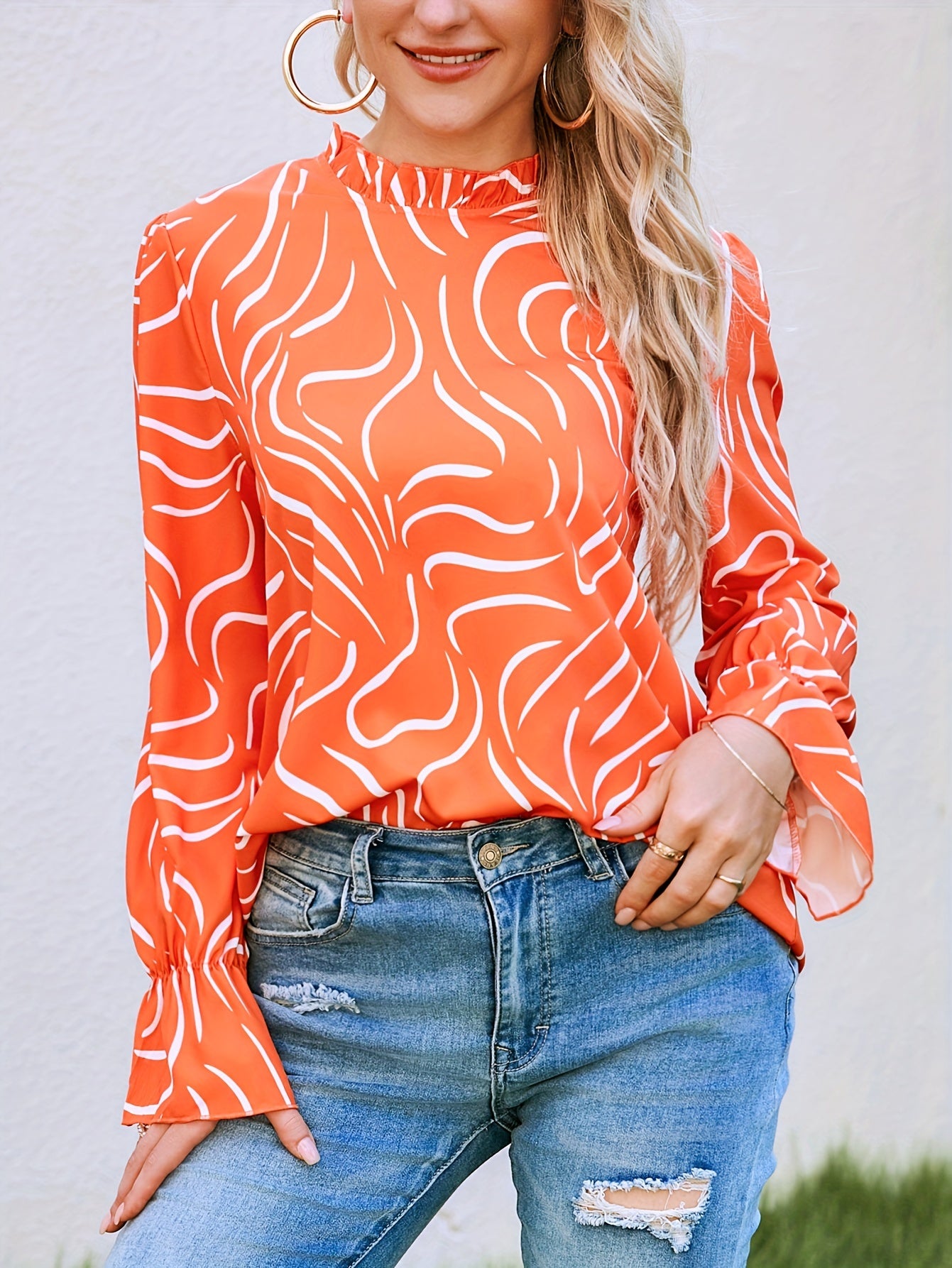 gbolsos Abstract Ripple Print Stand Collar Blouse, Casual Long Sleeve Blouse, Women's Clothing