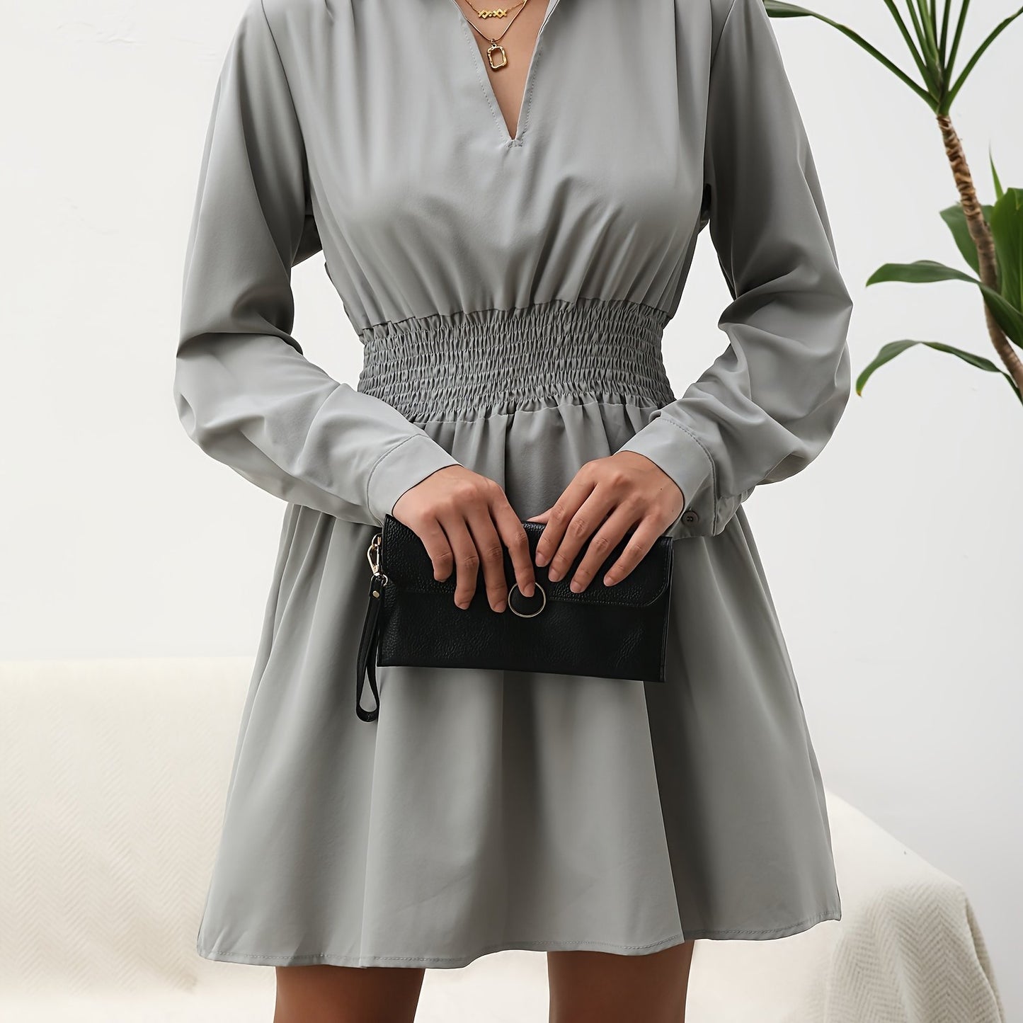 gbolsos Solid V Neck Shirred Waist Dress, Casual Long Sleeve Lapel Dress, Women's Clothing