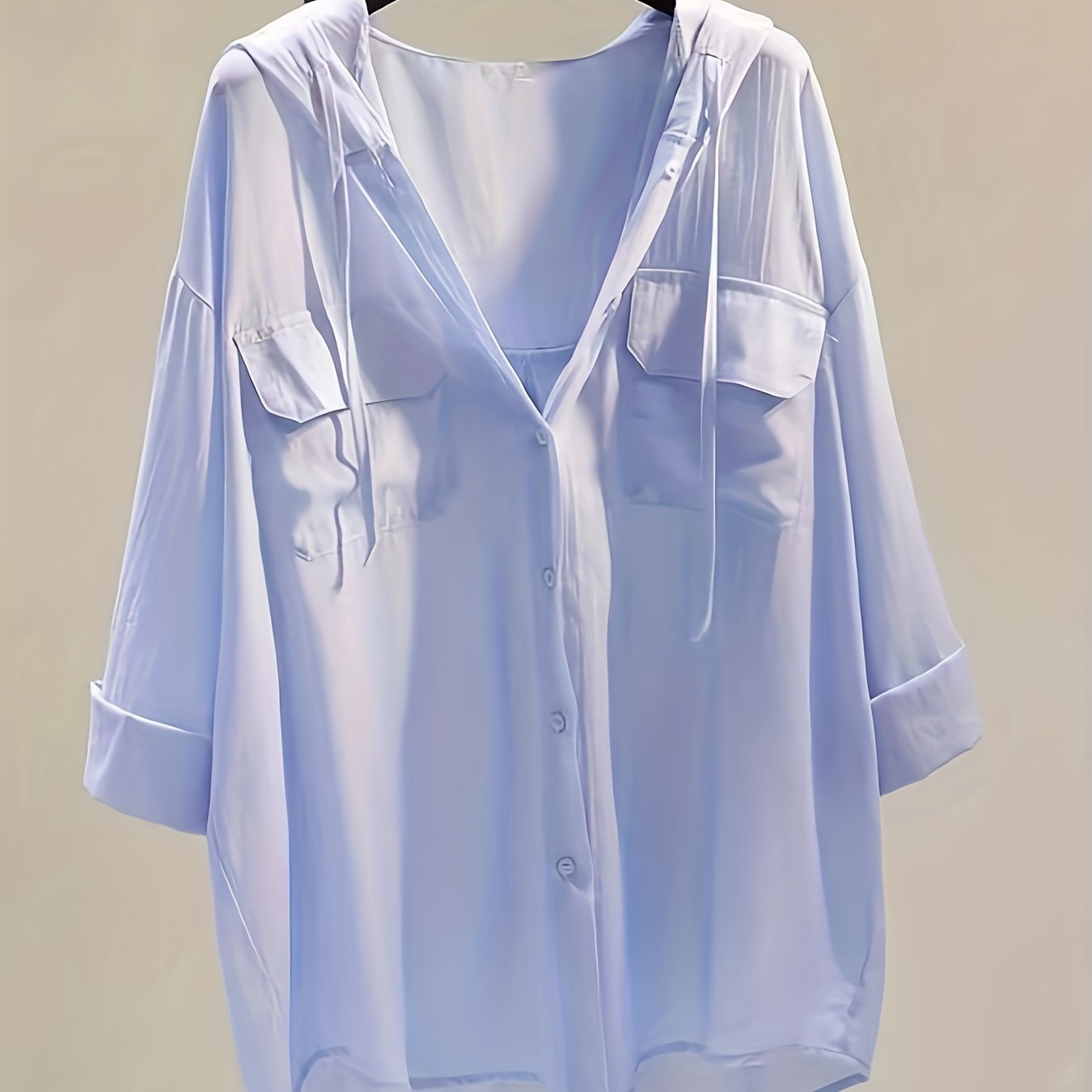 gbolsos Solid Pocket Button Hooded Blouse, Casual Drawstring Blouse For Spring & Summer, Women's Clothing