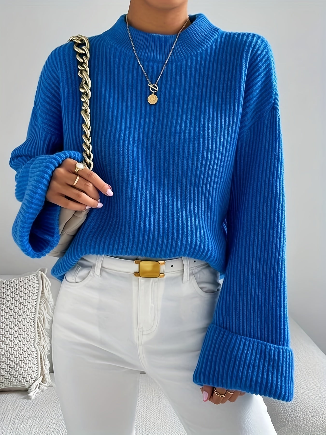 gbolsos Solid Mock Neck Pullover Sweater, Casual Long Sleeve Drop Shoulder Sweater For Fall & Winter, Women's Clothing