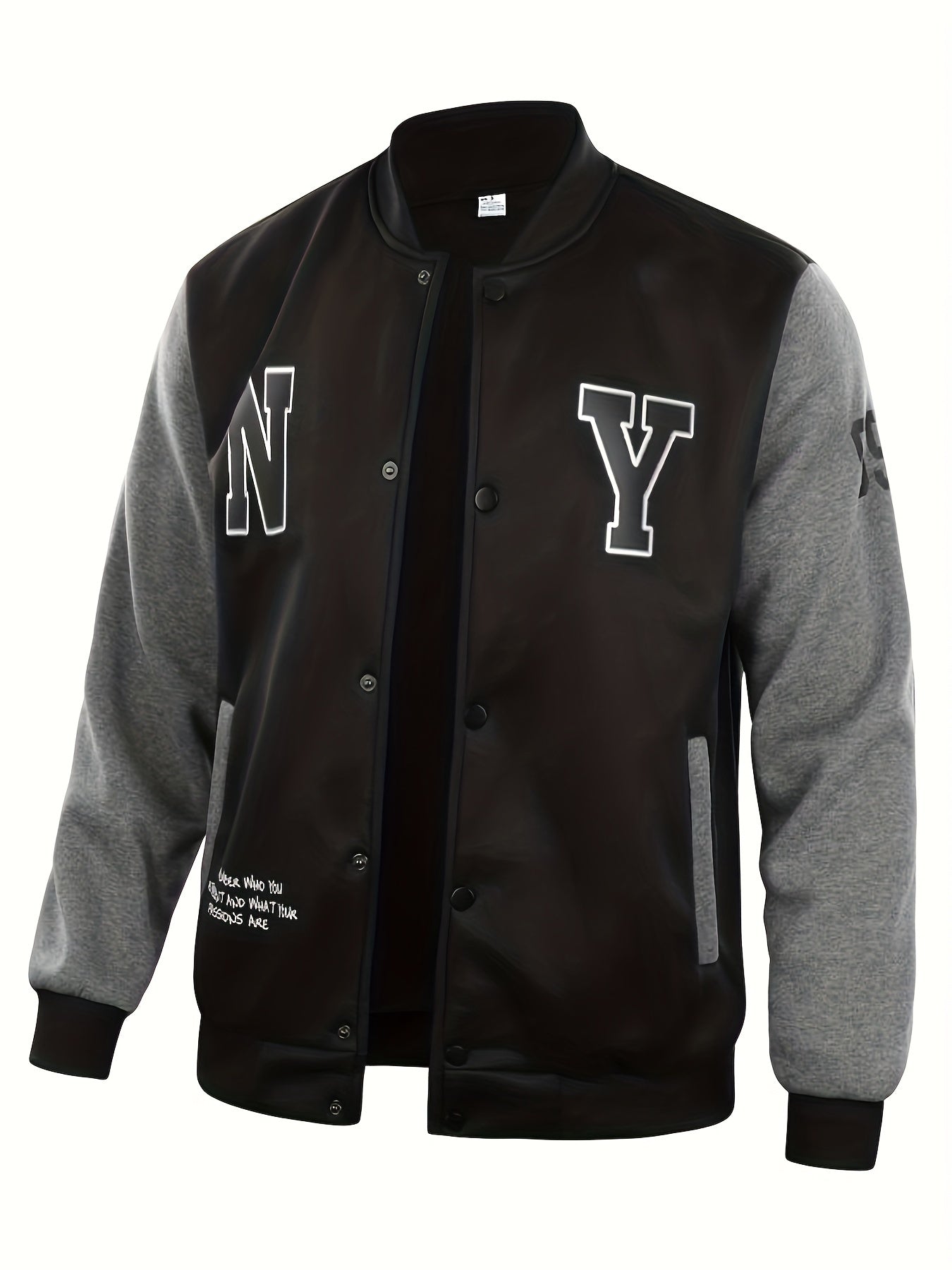 gbolsos NY Print Varsity Jacket, Men's Casual Slightly Stretchy Baseball Jacket Contrast Colors Stitching Coat Regular Fit College Hipster Windbreaker For Spring Autumn