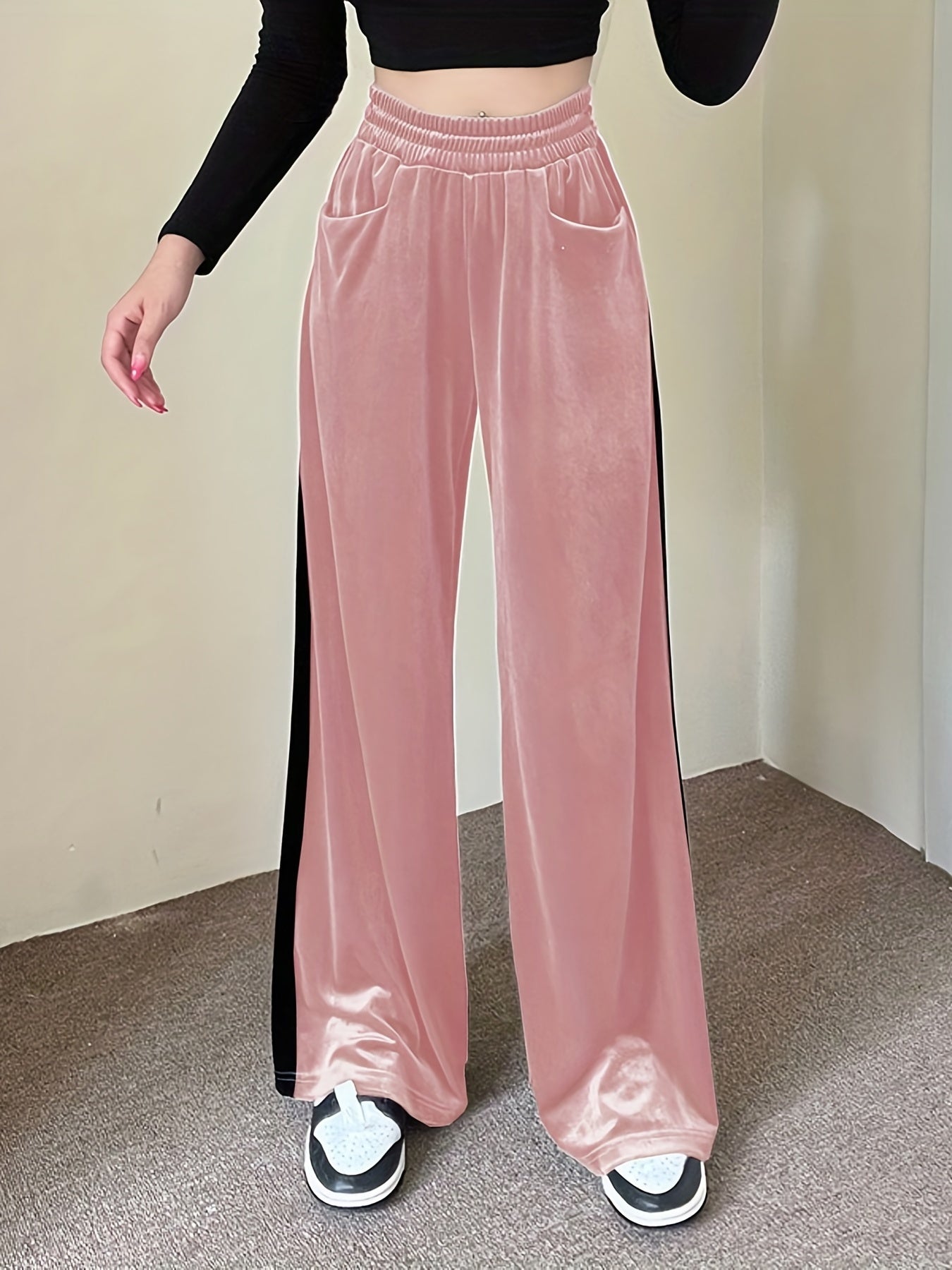 Velvet High Waist Pants, Casual Elastic Wide Leg Draped Pants With Pockets, Women's Clothing