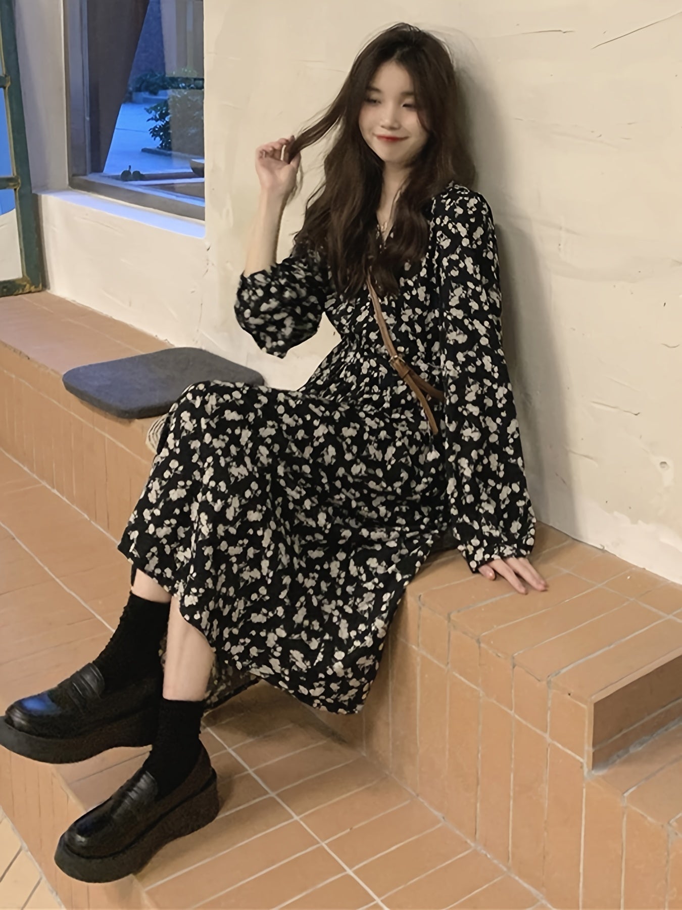 gbolsos Ditsy Floral Print Dress, Elegant Long Sleeve Midi Dress, Women's Clothing