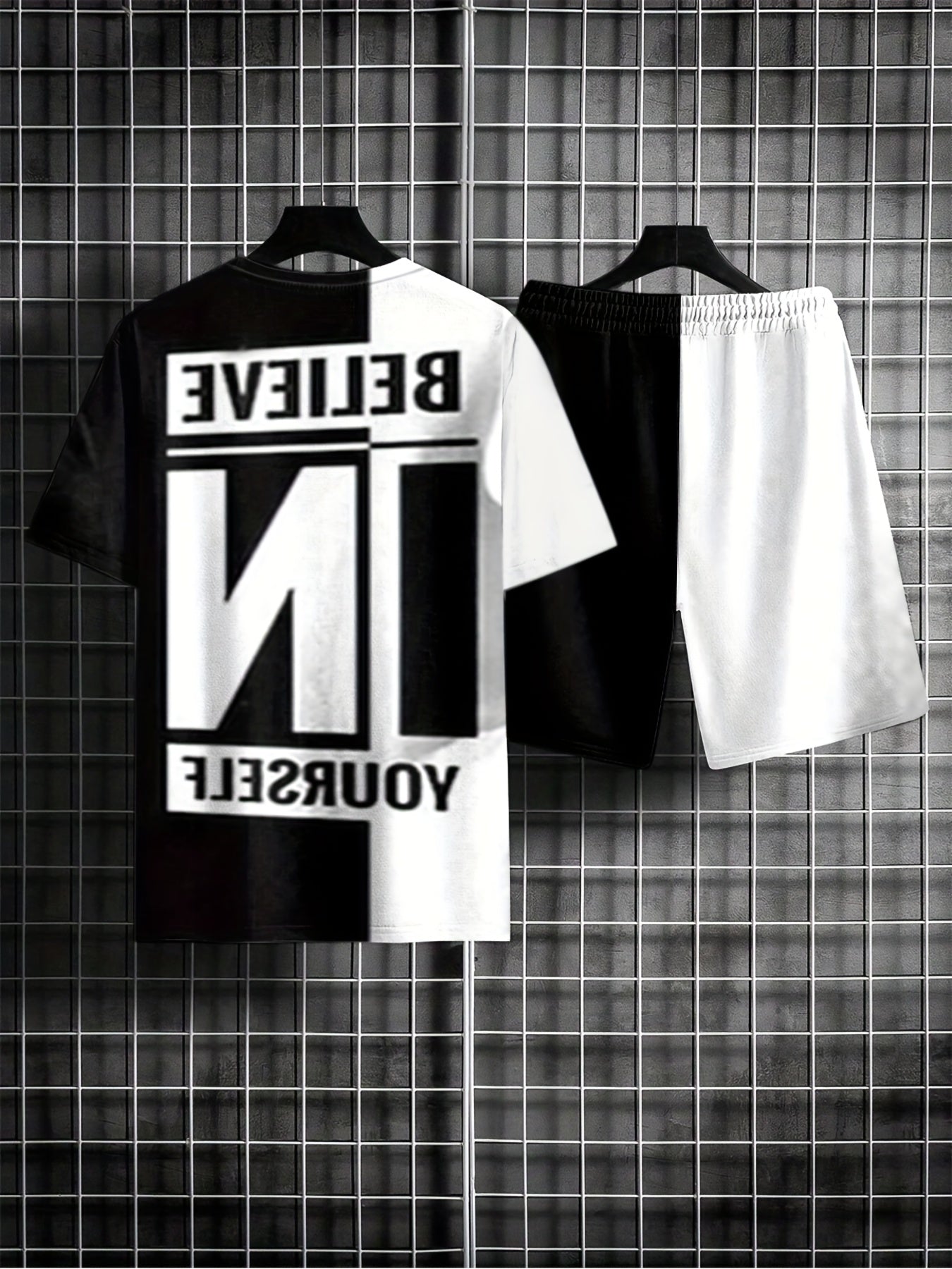 gbolsos Believe In Yourself Print, Men's 2Pcs Outfits, Casual Crew Neck Short Sleeve T-shirt And Drawstring Shorts Set For Summer, Men's Clothing