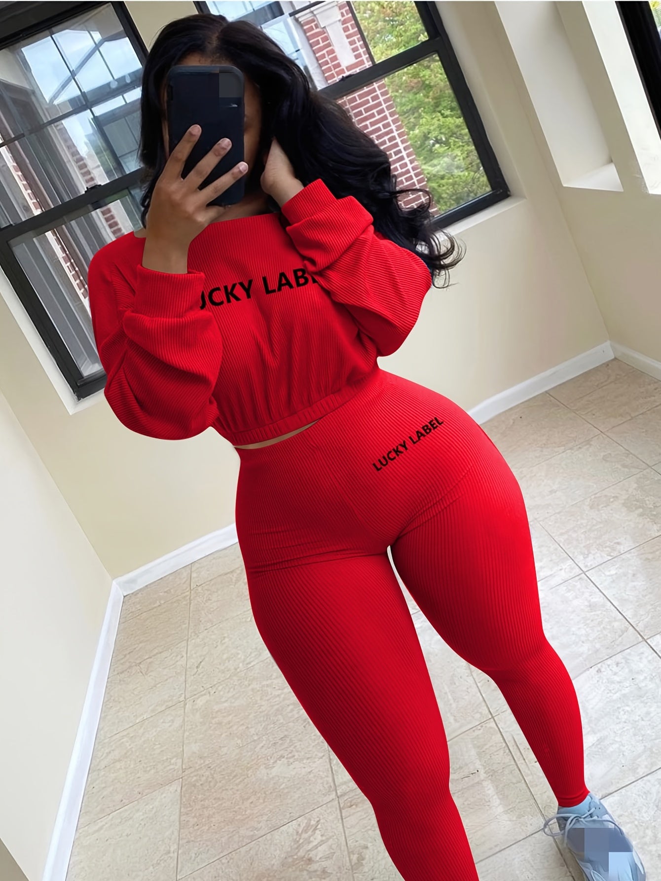 gbolsos Letter Print 2pc Set, Drop Shoulder Crew Neck Sweatshirt & Elastic Waist Jogging Pants Set, Women's Clothing