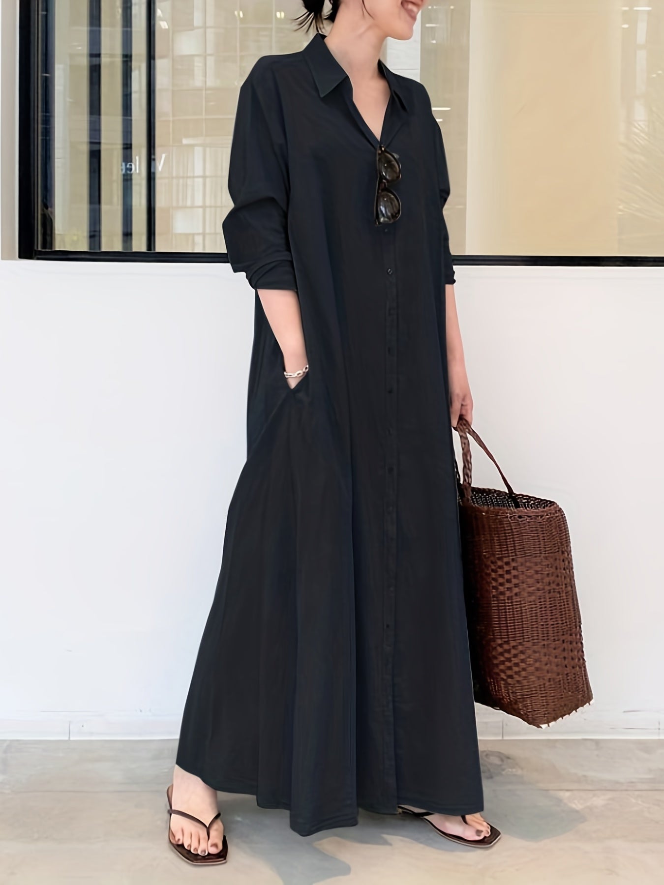 gbolsos Button Front Kaftan Dress, Casual Solid Long Sleeve Maxi Dress, Women's Clothing
