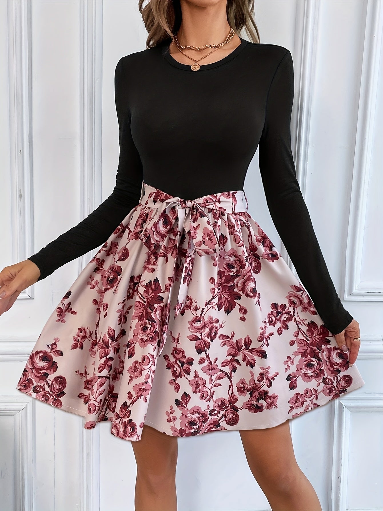 gbolsos Floral Print Splicing Dress, Elegant Crew Neck Long Sleeve Dress, Women's Clothing