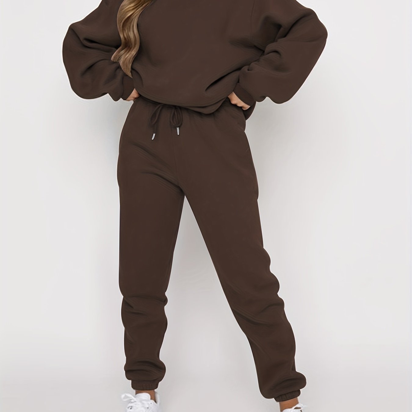 gbolsos Solid Casual Two-piece Set, Crew Neck Long Sleeve Tops & Drawstring Jogger Pants Oufits, Women's Clothing