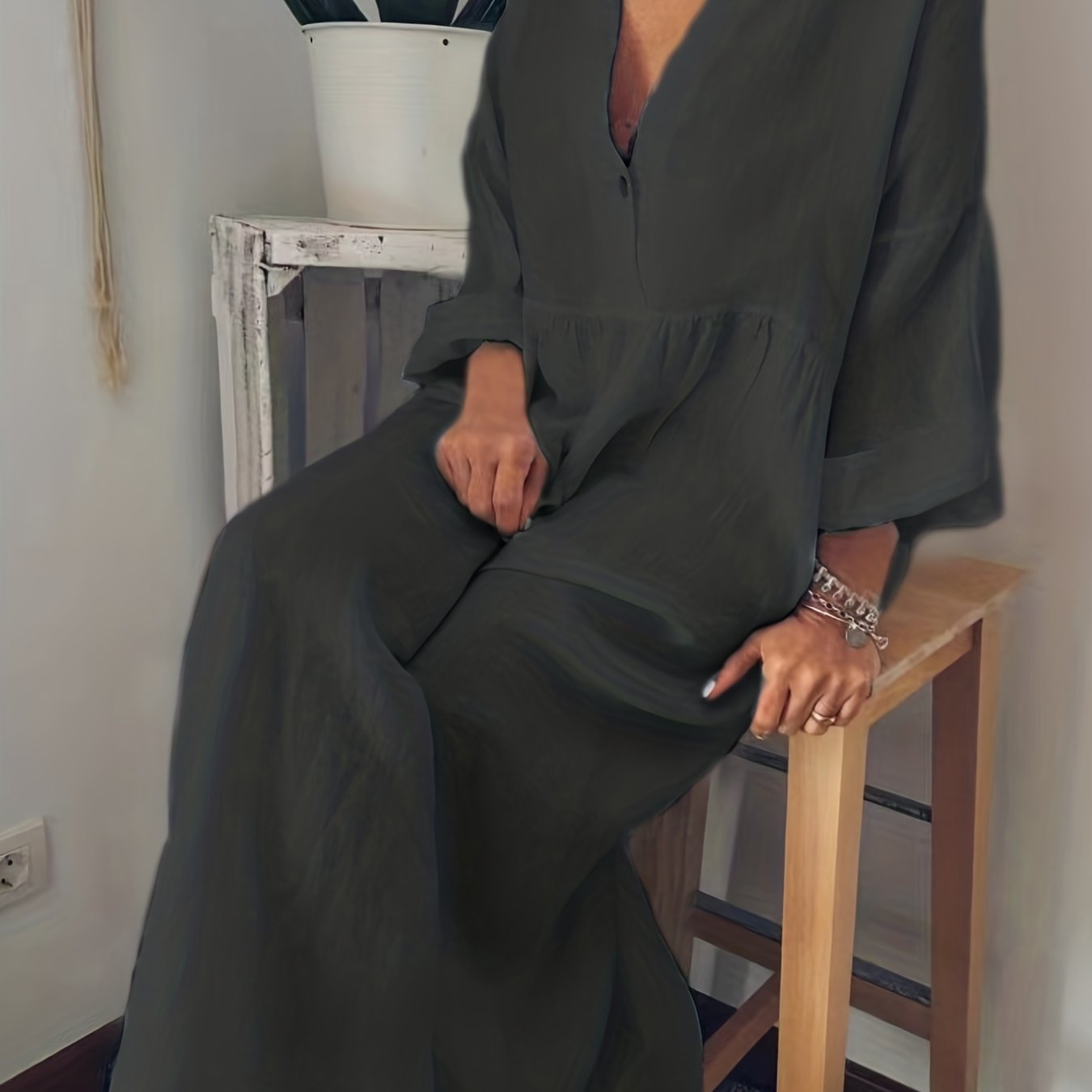 gbolsos Plus Size Casual Dress, Women's Plus Solid Long Sleeve V Neck Button Up Loose Maxi Dress