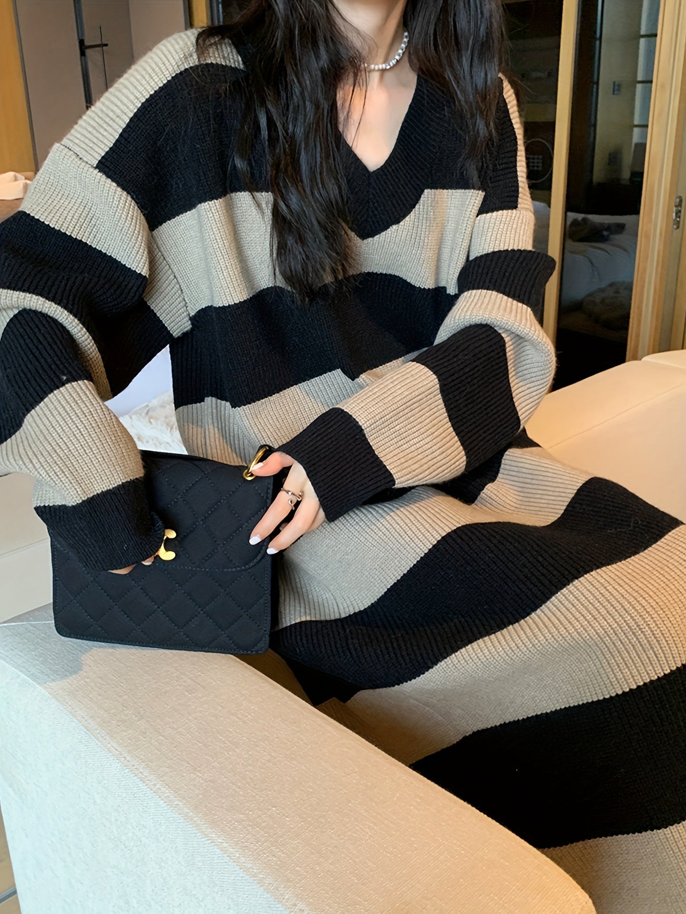 gbolsos Striped Drop Shoulder Sweater Dress, Casual V Neck Long Sleeve Maxi Dress, Women's Clothing