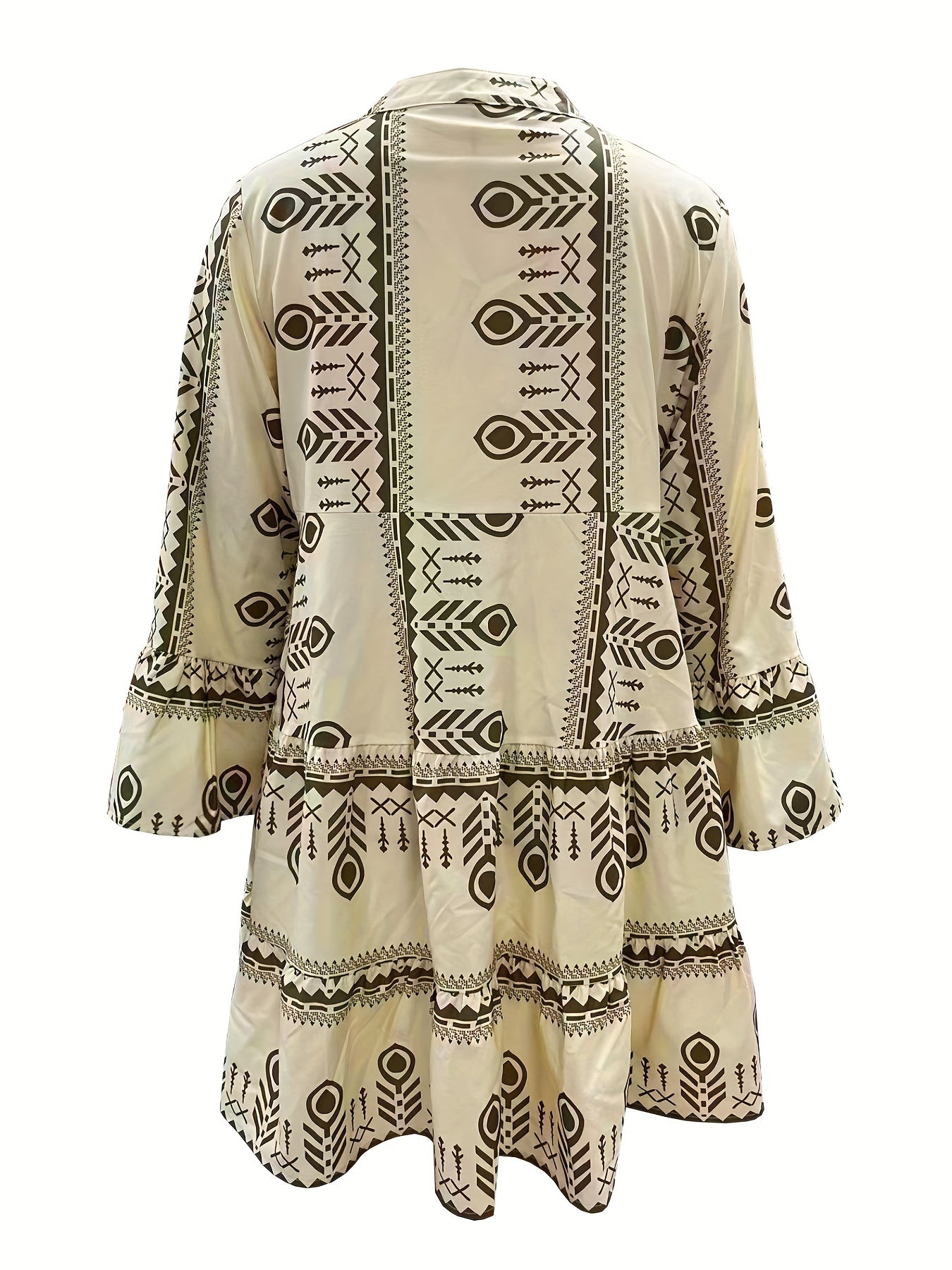 Geo Pattern Notched Neck Dress, Long Sleeve Casual Dress For Spring & Fall, Women's Clothing