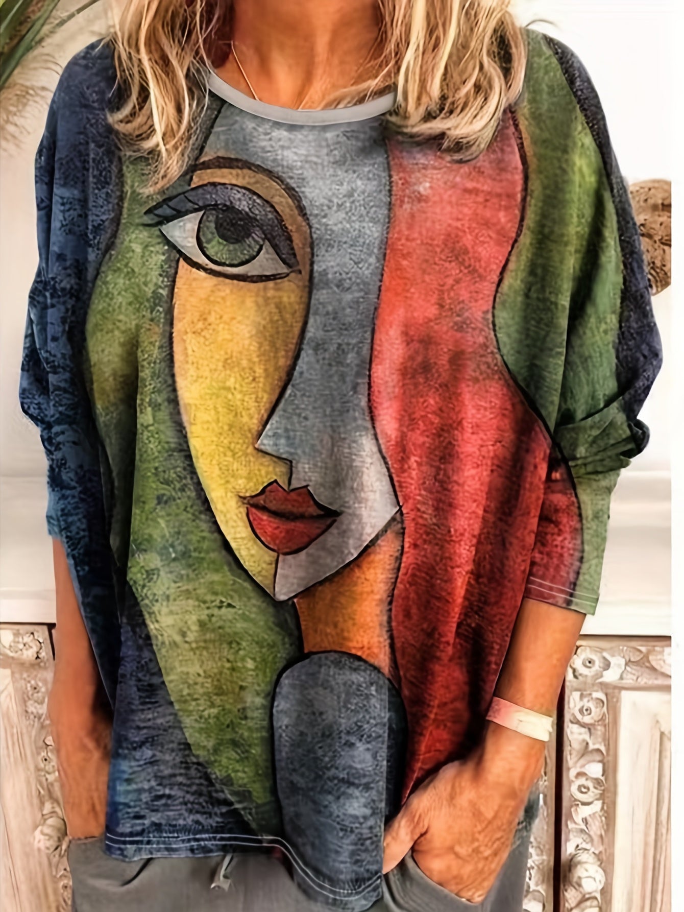 Plus Size Casual T-shirt, Women's Plus Abstract Print Long Sleeve Round Neck Medium Stretch T-shirt