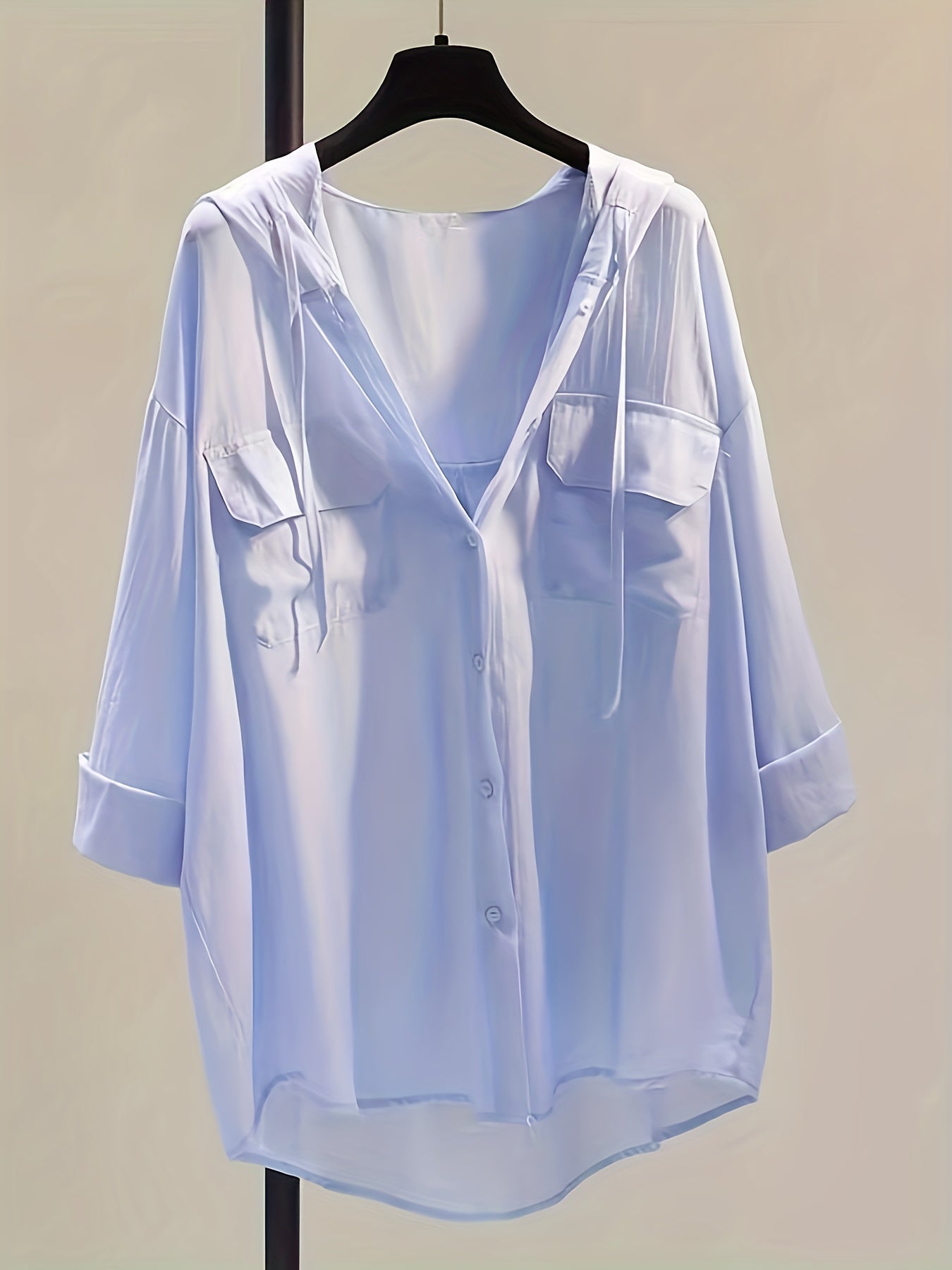 gbolsos Solid Pocket Button Hooded Blouse, Casual Drawstring Blouse For Spring & Summer, Women's Clothing