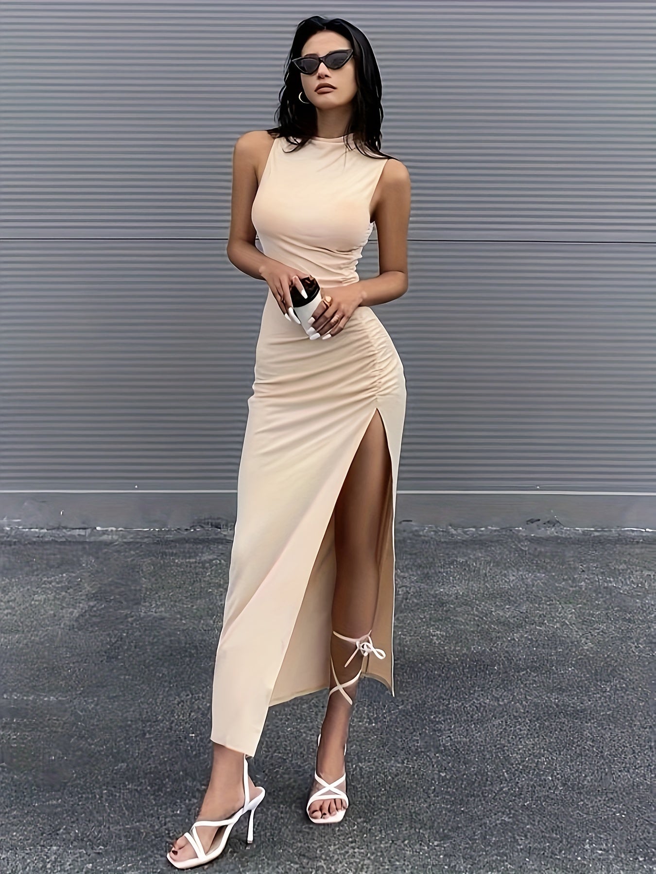 Split Hem Ruched Tank Dress, Stylish Crew Neck Maxi Length Slim Dress, Women's Clothing