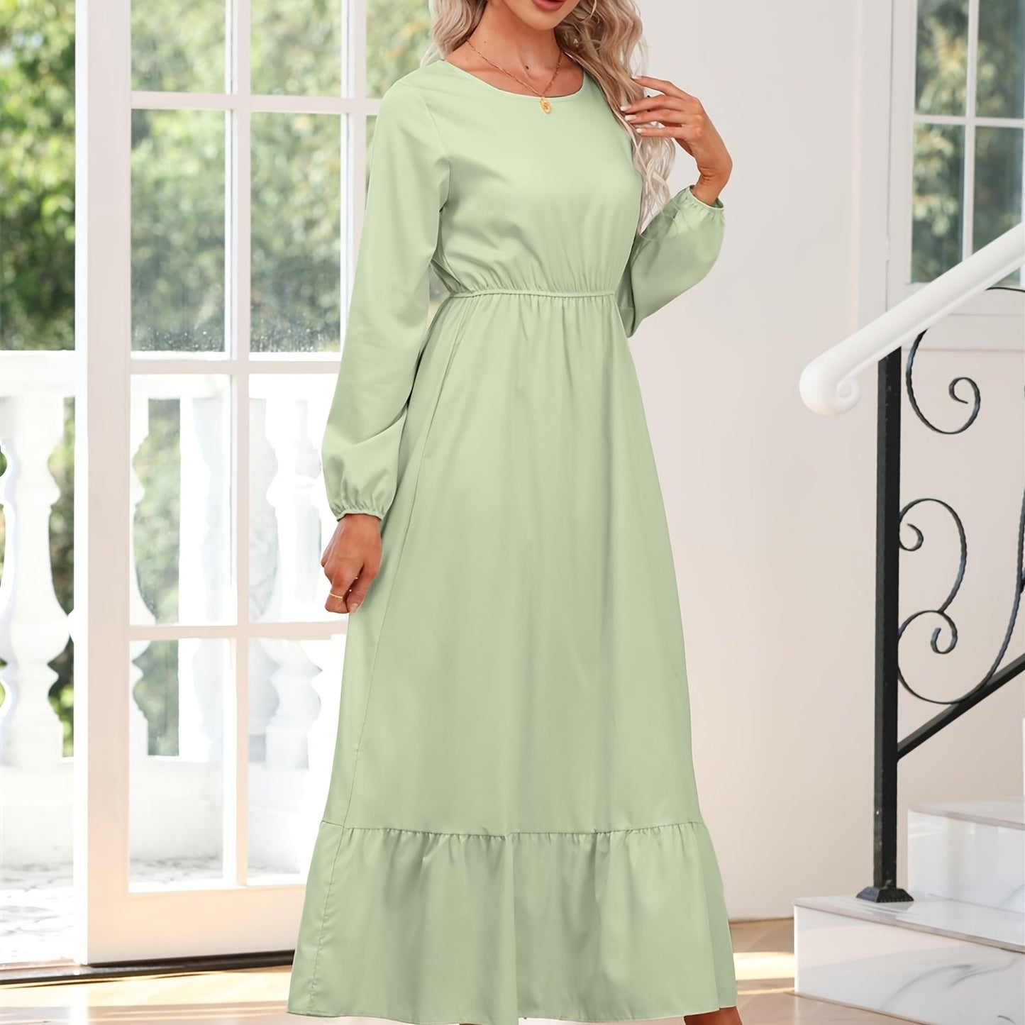 gbolsos Elegant Crew Neck Draped Extra-long Dress, Casual Long Sleeve Solid Elastic Waist Ruffle Hem Party Long Dresses, Women's Clothing