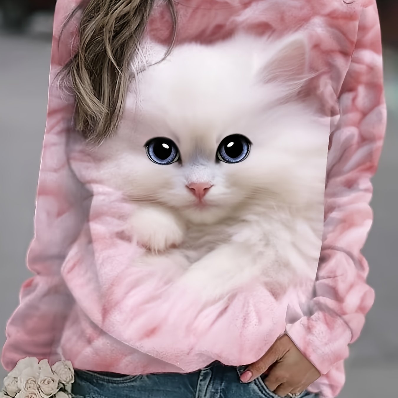 gbolsos Cute Cat Print Sweatshirt, Casual Long Sleeve Crew Neck Sweatshirt For Spring & Fall, Women's Clothing