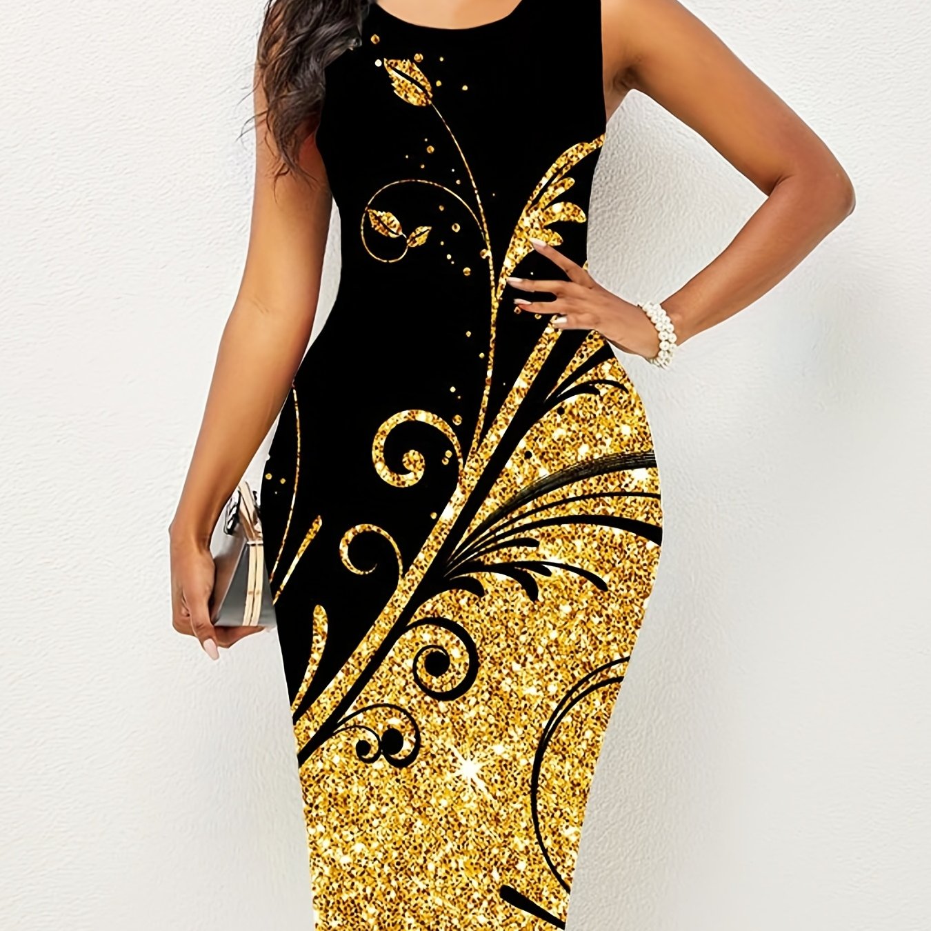 gbolsos Starry Print Tank Dress, Casual Crew Neck Sleeveless Bodycon Bag Hip Dress, Women's Clothing