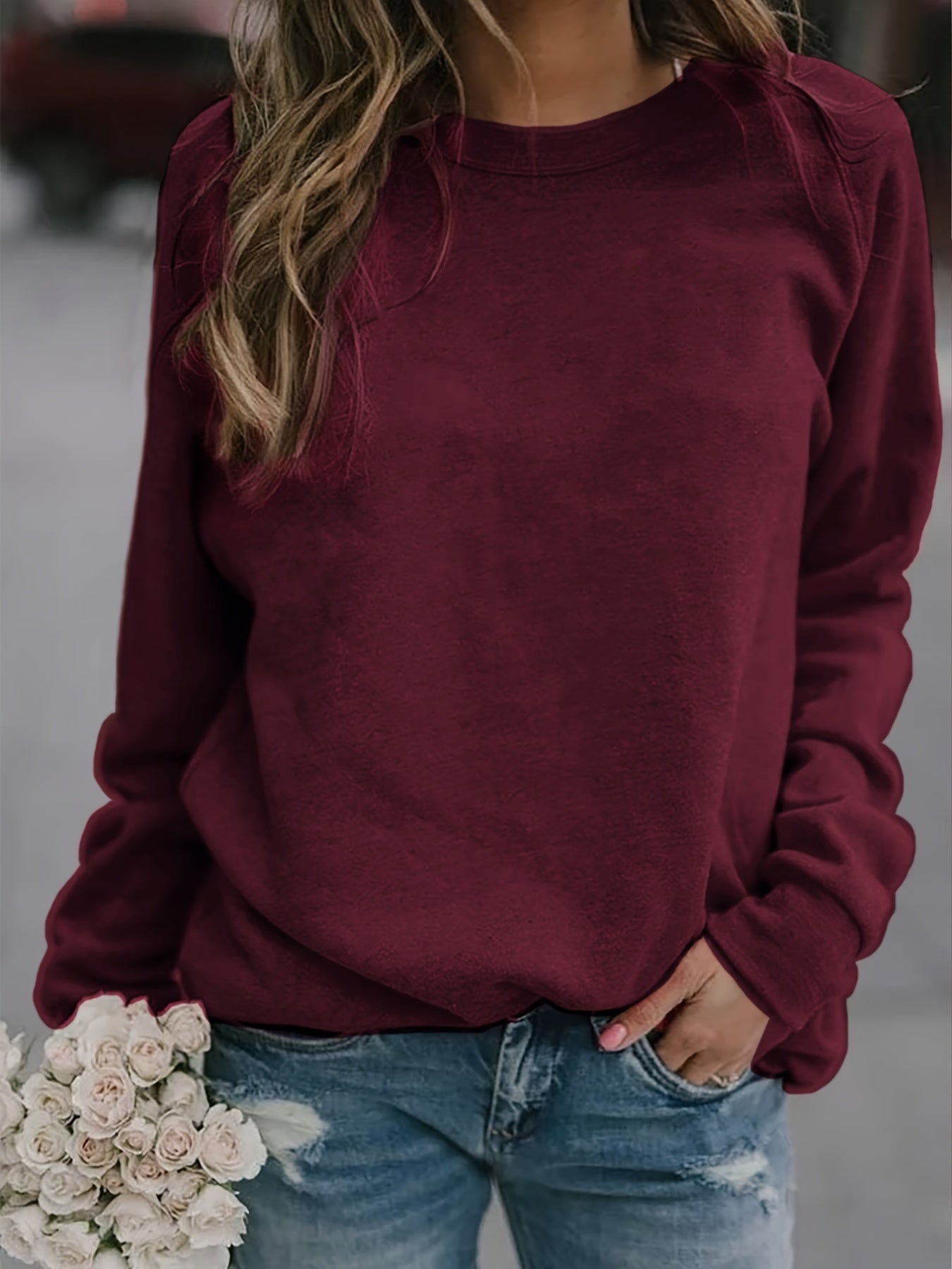 Solid Pullover Sweatshirt, Long Sleeve Crew Neck Sweatshirt, Casual Tops For Fall & Winter, Women's Clothing