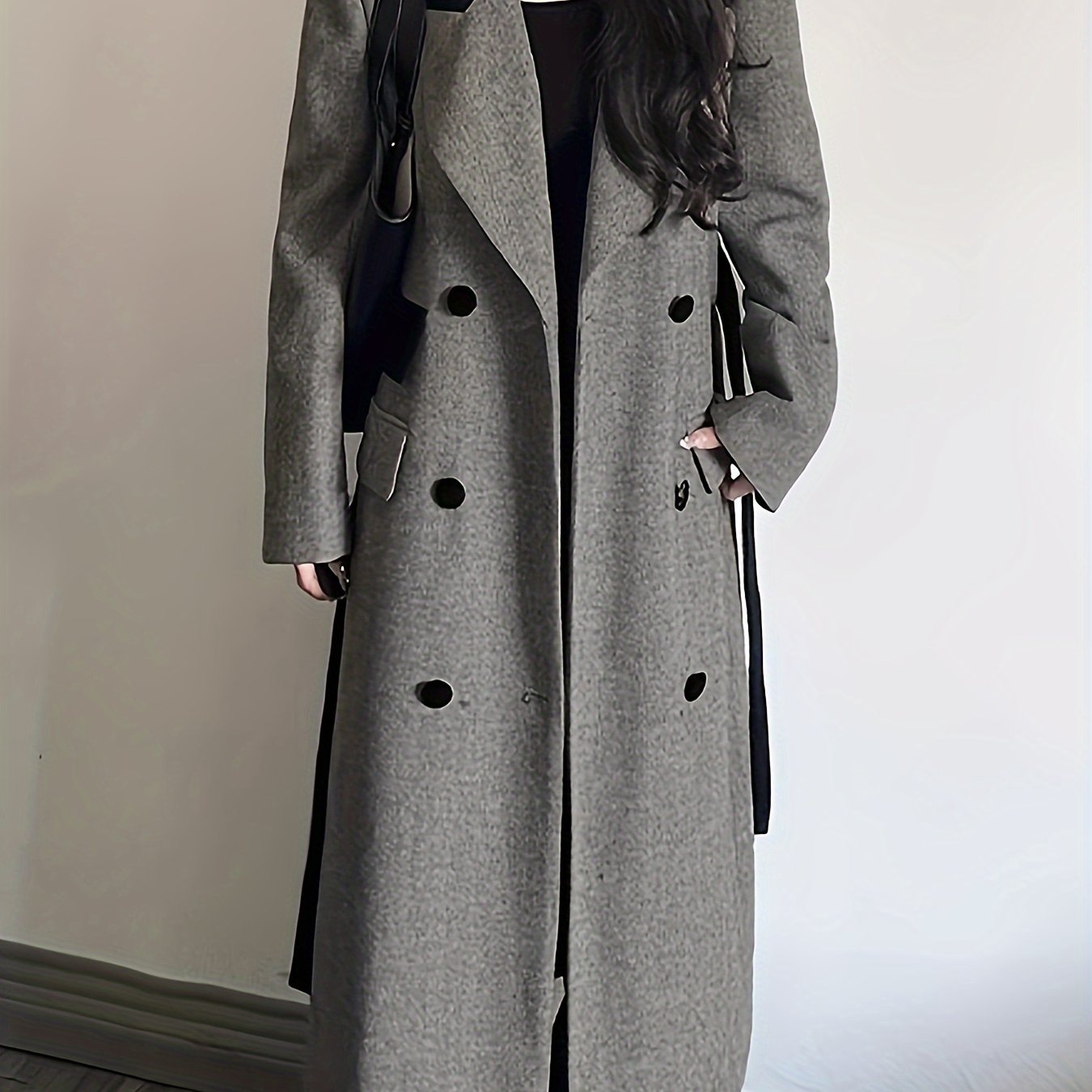 gbolsos Color Block Double-breasted Coat, Casual Long Sleeve Back Vent Tie Lapel Overcoat For Fall & Winter, Women's Clothing