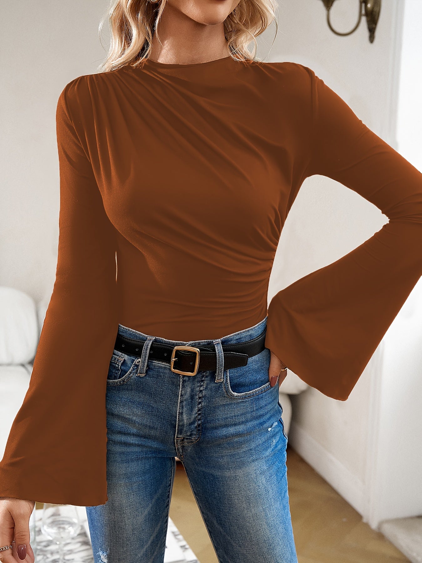 gbolsos Ruched Boat Neck T-Shirt, Elegant Long Flare Sleeve Top For Spring & Fall, Women's Clothing