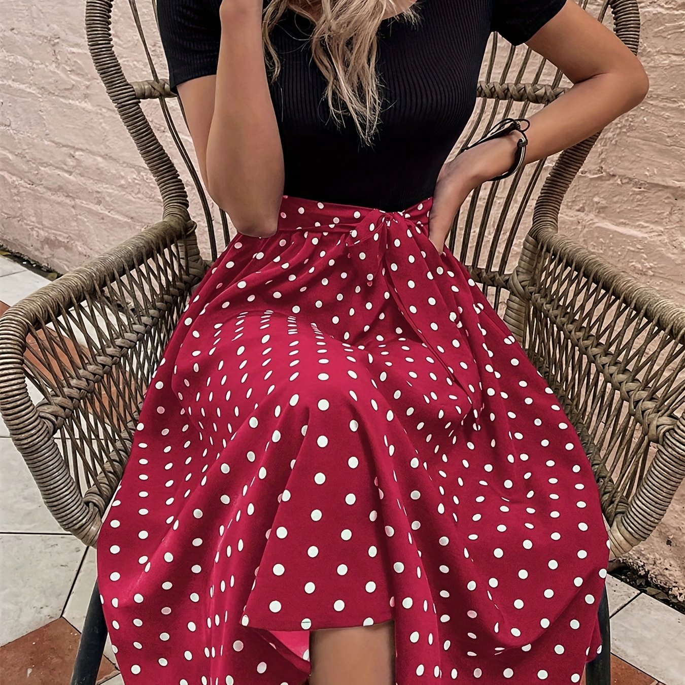 Polka Dot Print Splicing Dress, Casual Crew Neck Short Sleeve Dress, Women's Clothing