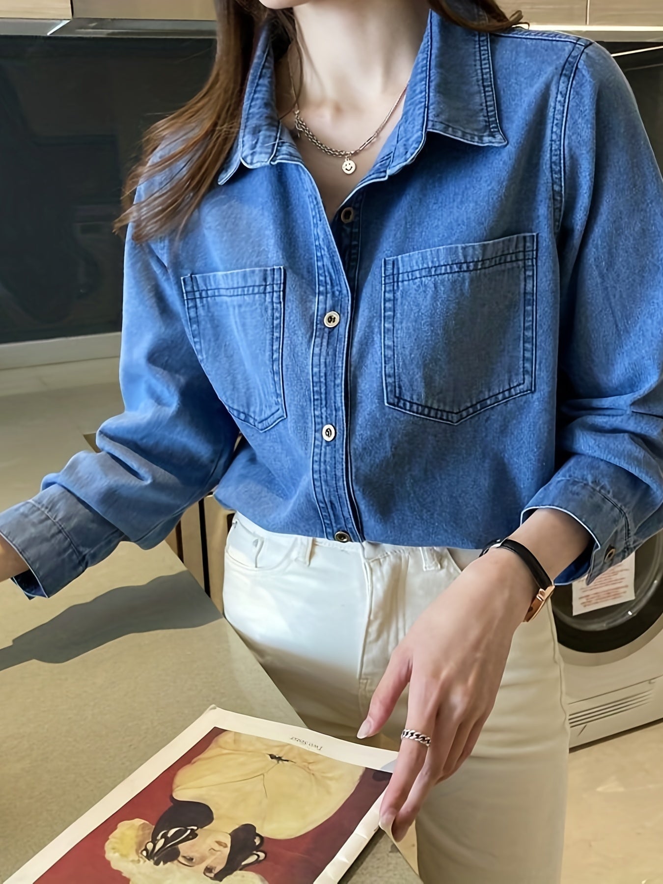 gbolsos Blue Loose Fit Lapel Denim Shirt, Long Sleeves Patch Pockets Casual Denim Shirt, Women's Denim Clothing