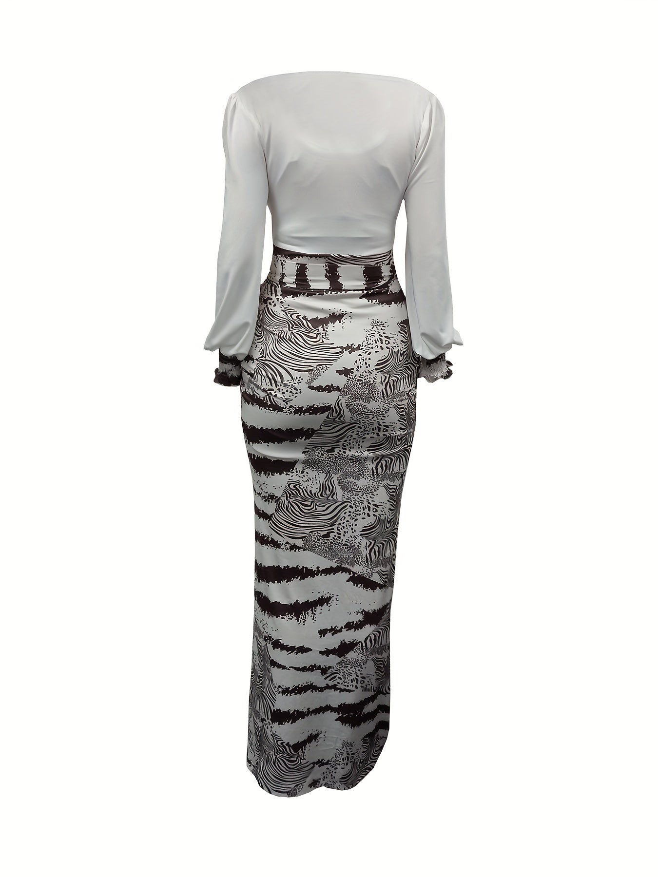 gbolsos Graphic Print Splicing Dress, Vacation Split Thigh Plunging Long Sleeve Maxi Dress, Women's Clothing