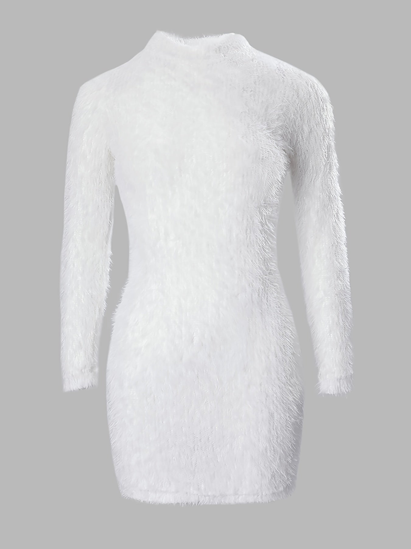 Fluffy Mock Neck Dress, Sexy Long Sleeve Bodycon Mini Dress, Women's Clothing