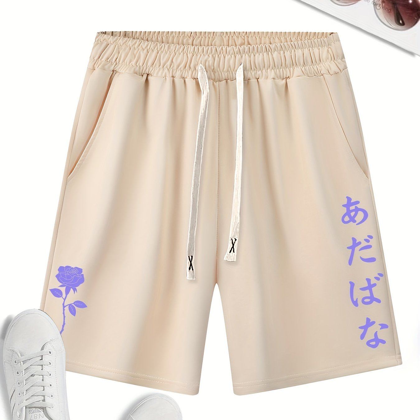 gbolsos Men's Trendy Purple Rose Graphic Drawstring Waist Shorts Athletic Gym Workout Shorts With Pocket