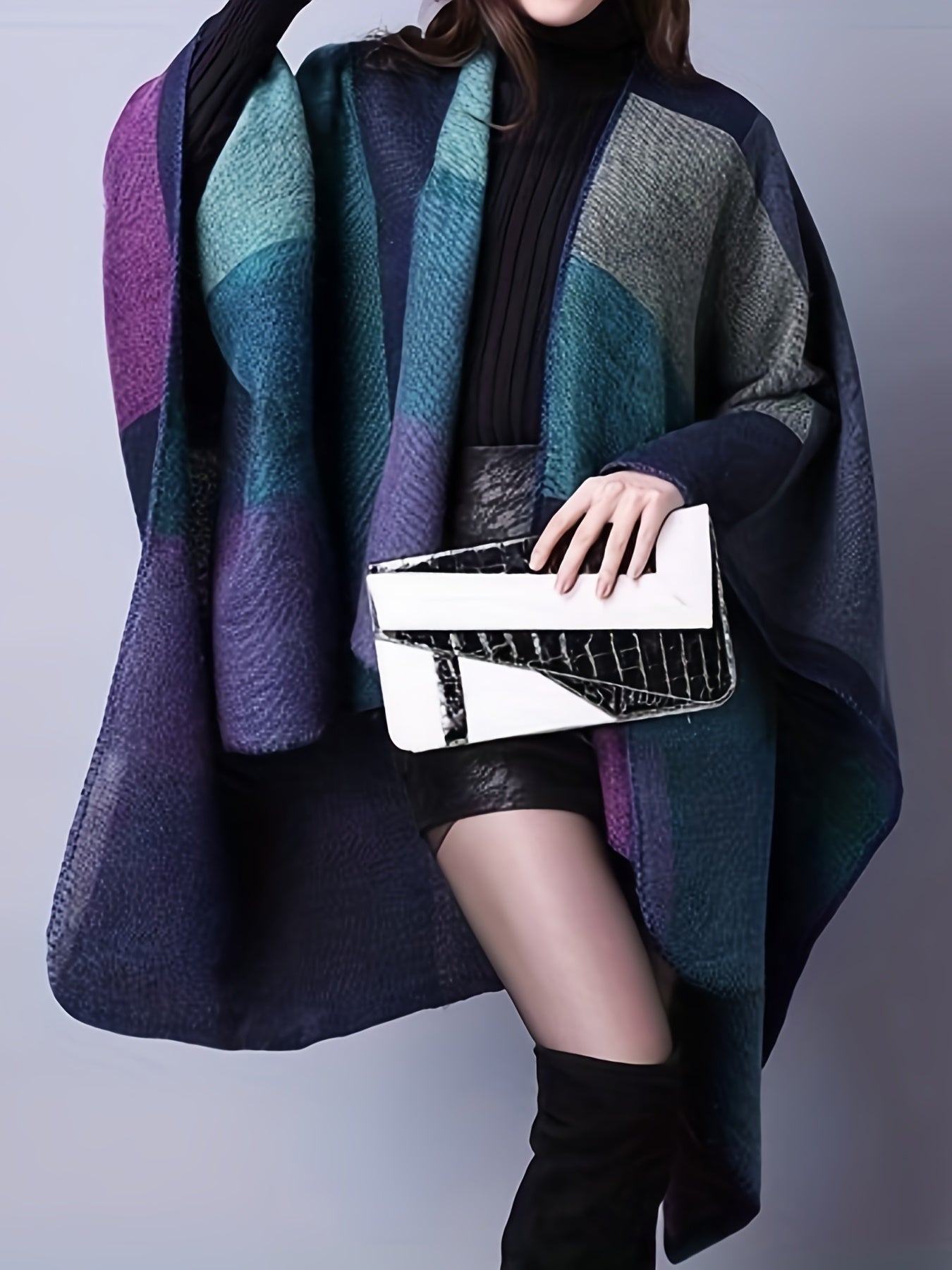 Plus Size Casual Coat, Women's Plus Colorblock Batwing Sleeve Open Front Slight Stretch Cape Coat