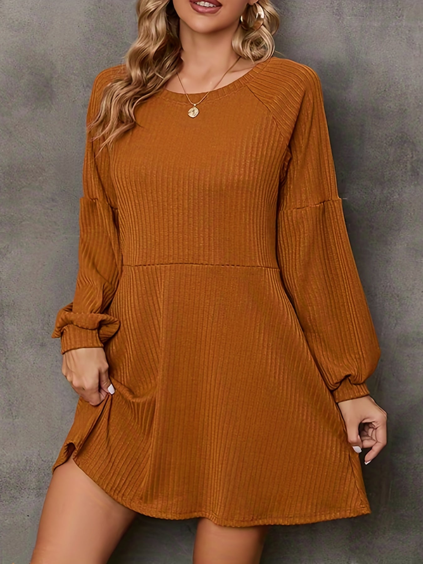 Solid Crew Neck Dress, Elegant Long Sleeve Dress For Fall & Winter, Women's Clothing
