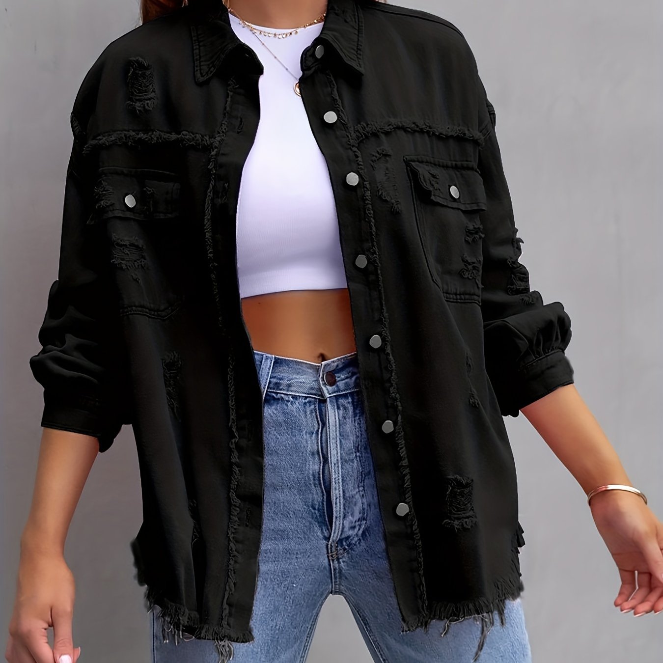 Raw Hem Ripped Distressed Denim Jacket, Flap Pockets Long Sleeves Street Style Single-Breasted Denim Coat, Women's Denim Jeans & Clothing