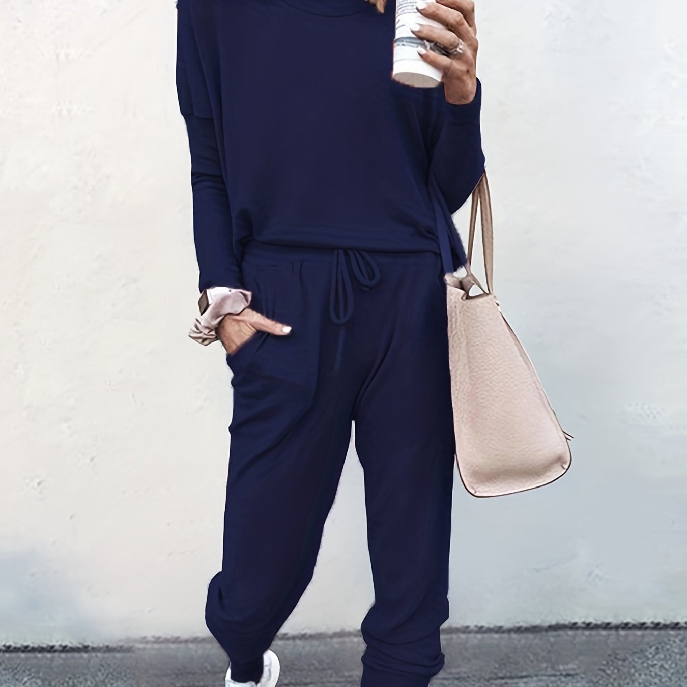 gbolsos Casual Solid Two-piece Set, Long Sleeve T-shirt & Drawstring Pants Outfits, Women's Clothing