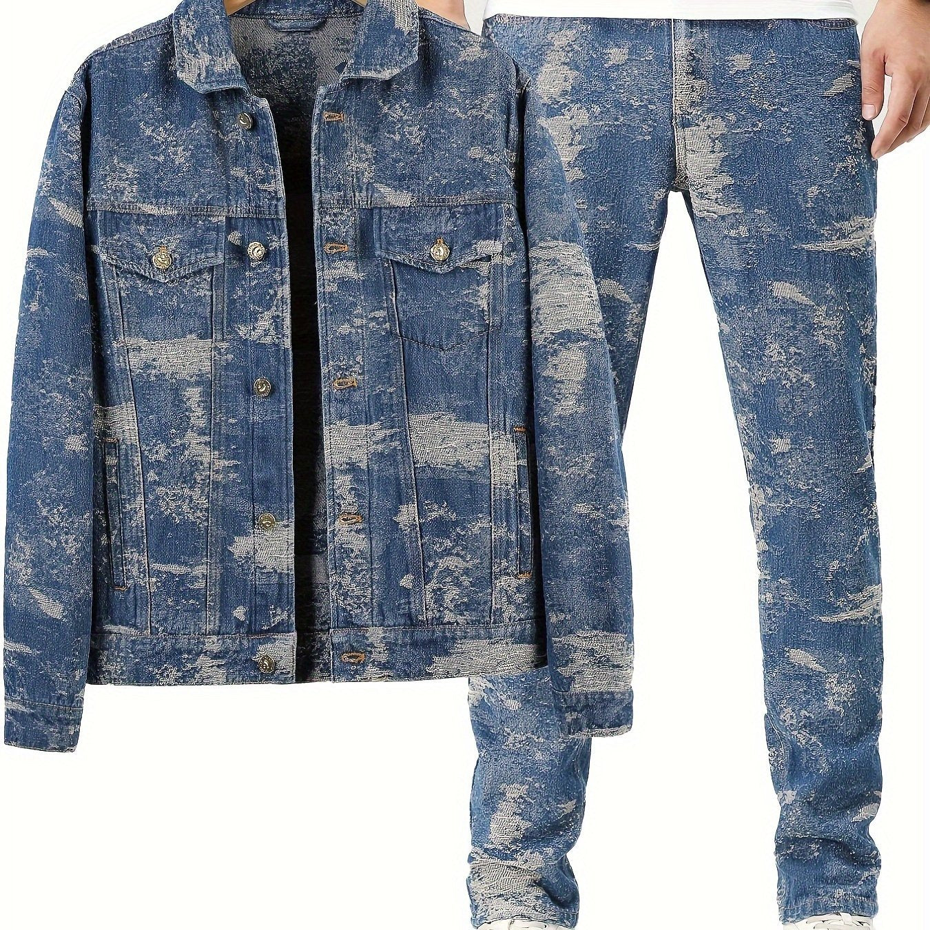 gbolsos Men's Casual Jacquard Set, Turndown Collar Chest Pocket Jacket And Loose Trendy Straight Leg Pants For Spring Autumn