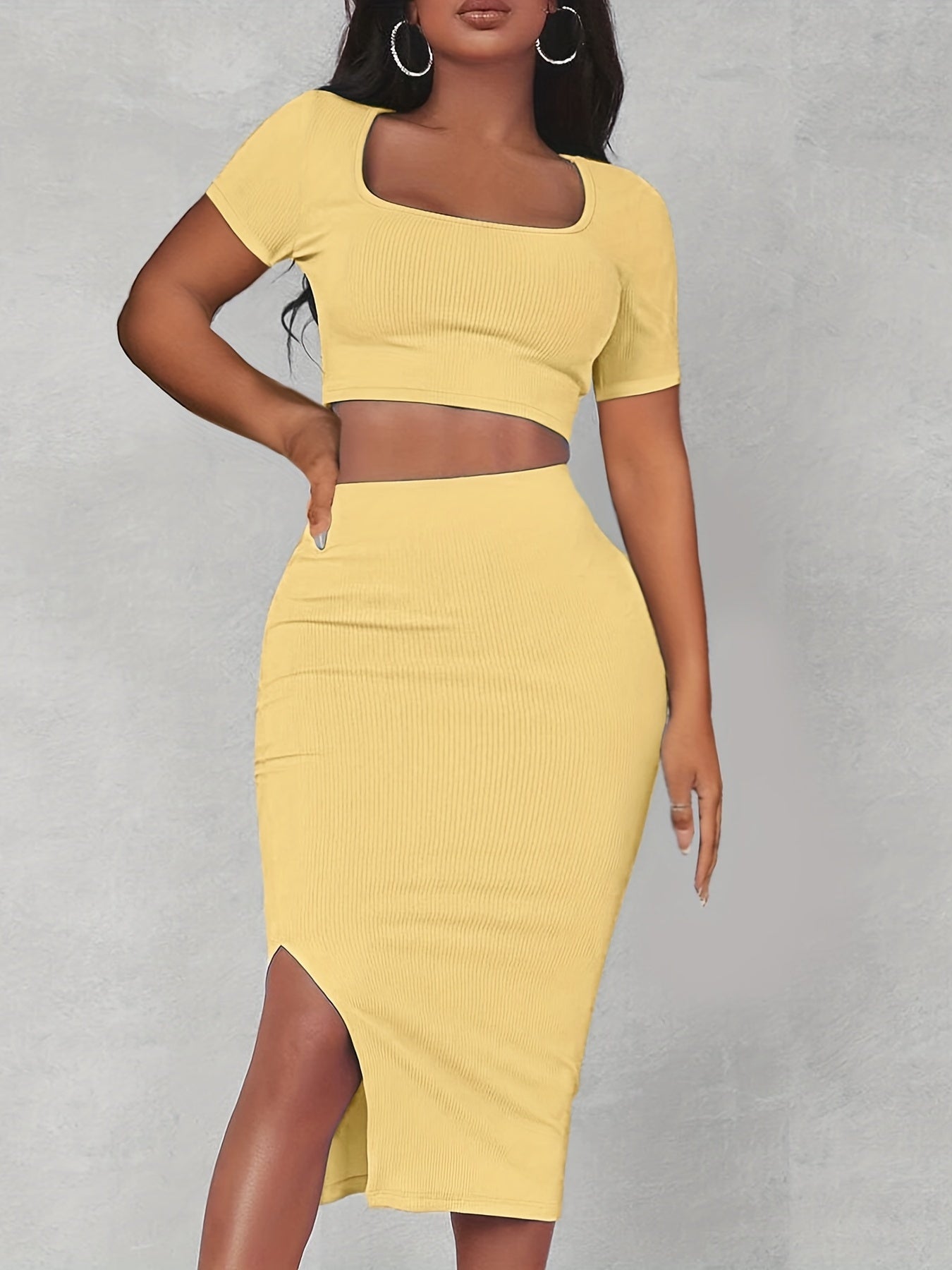 gbolsos Sexy Matching Two-piece Skirt Set, Square Neck Crop Top & Split Bodycon Skirt Outfits, Women's Clothing