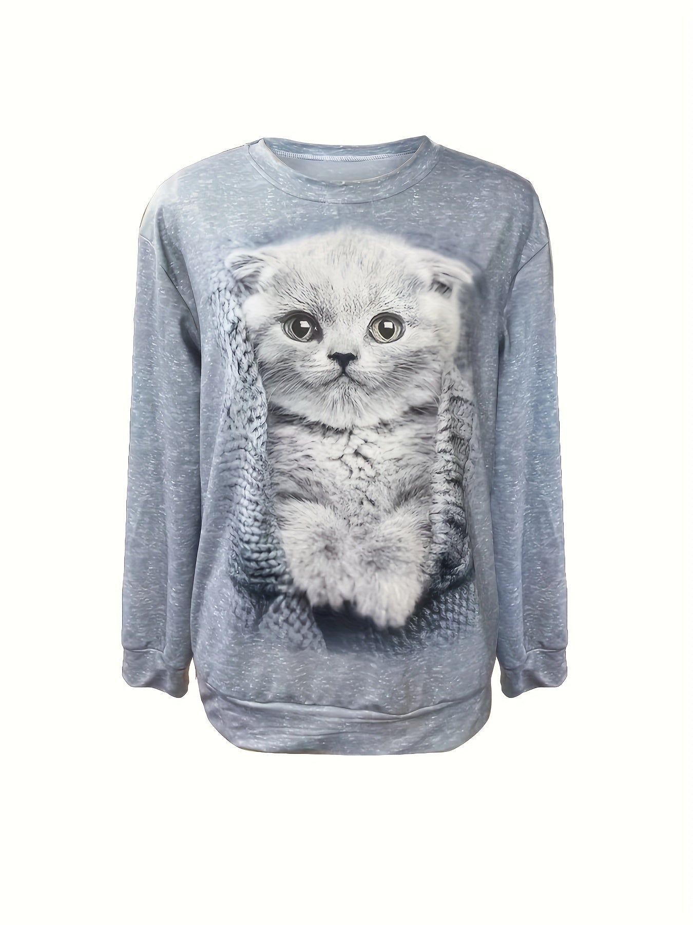gbolsos Cat Print Pullover Sweatshirt, Casual Long Sleeve Crew Neck Sweatshirt For Fall & Winter, Women's Clothing