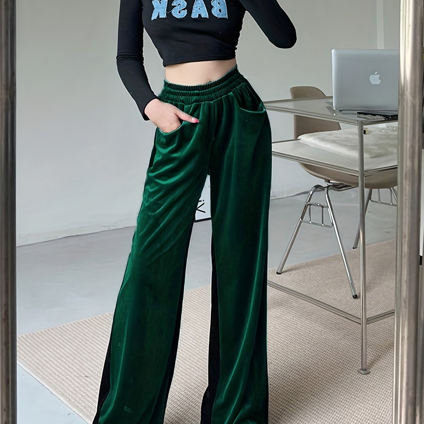 Velvet High Waist Pants, Casual Elastic Wide Leg Draped Pants With Pockets, Women's Clothing