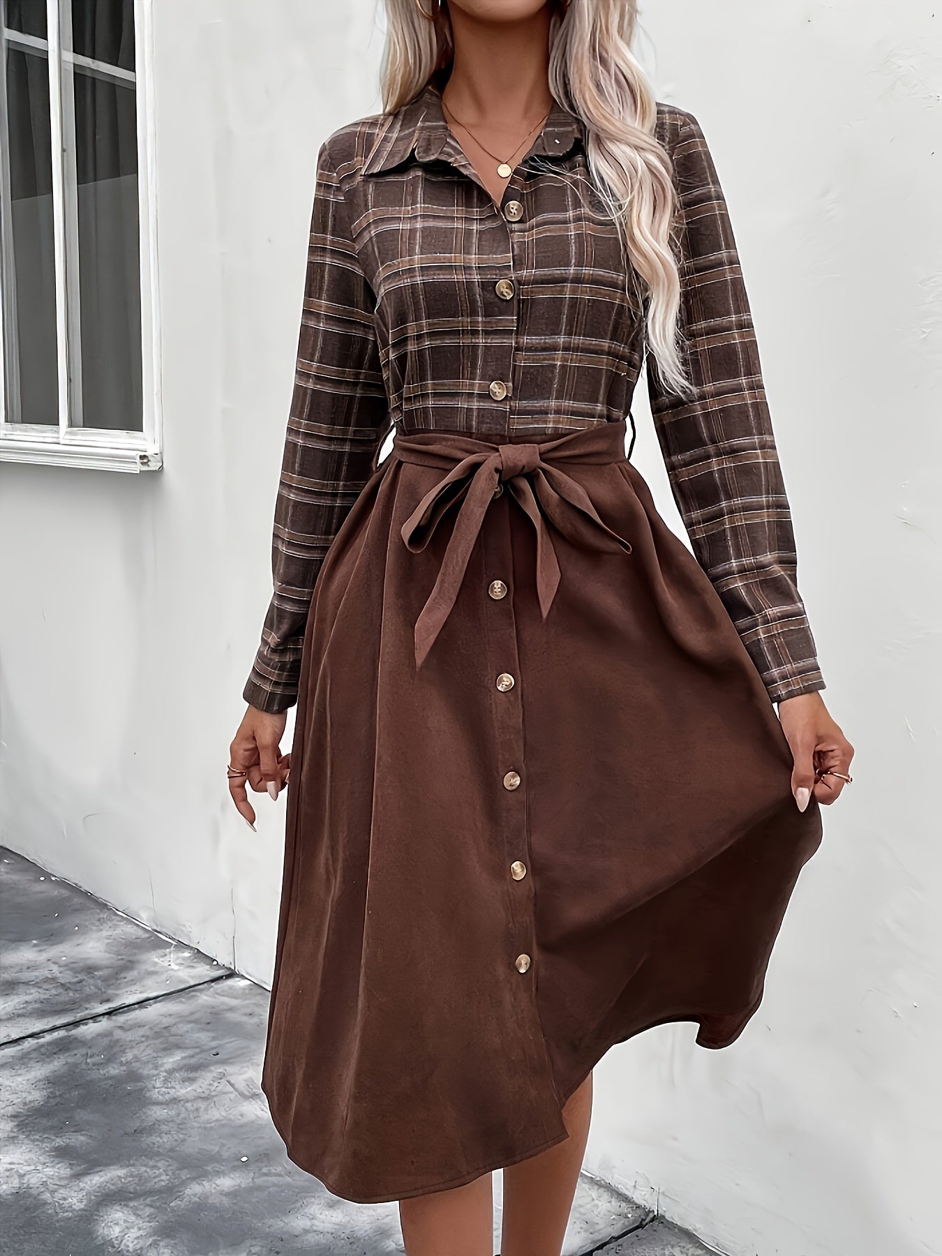 gbolsos Plaid Print Button Front Splicing Dress, Elegant Long Sleeve Dress, Women's Clothing